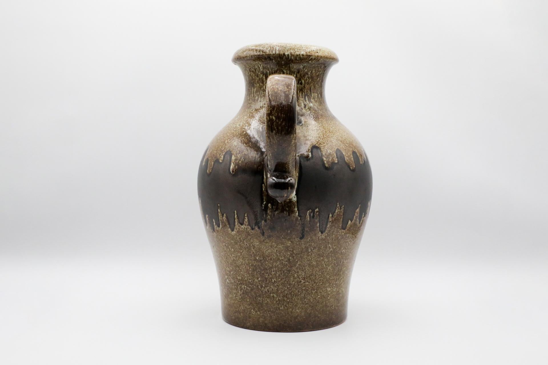 20th Century XL West German Brown Ceramic Jug, Textured Brown Glaze and Wavy Dark Brown Belt For Sale