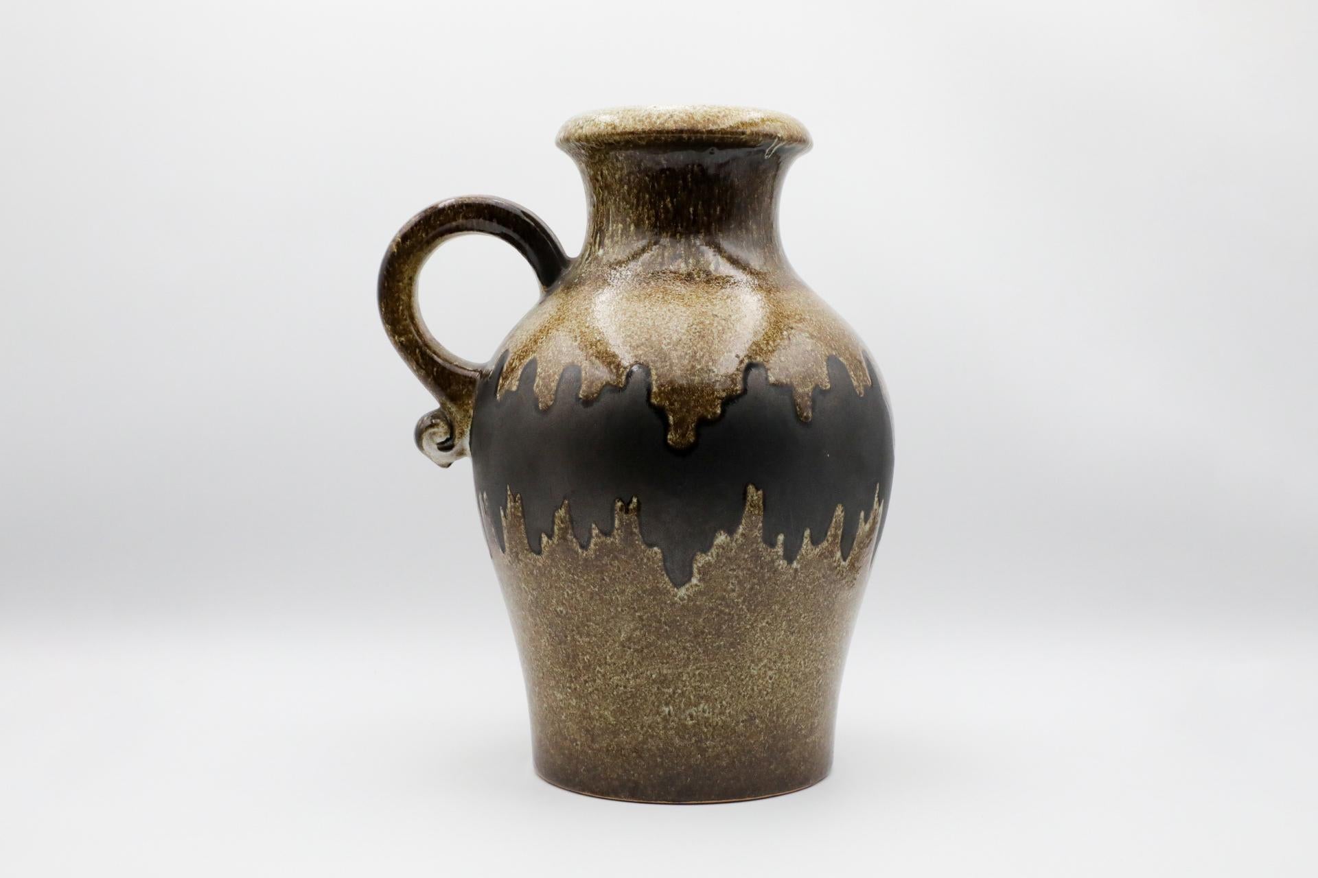 XL West German Brown Ceramic Jug, Textured Brown Glaze and Wavy Dark Brown Belt For Sale 1