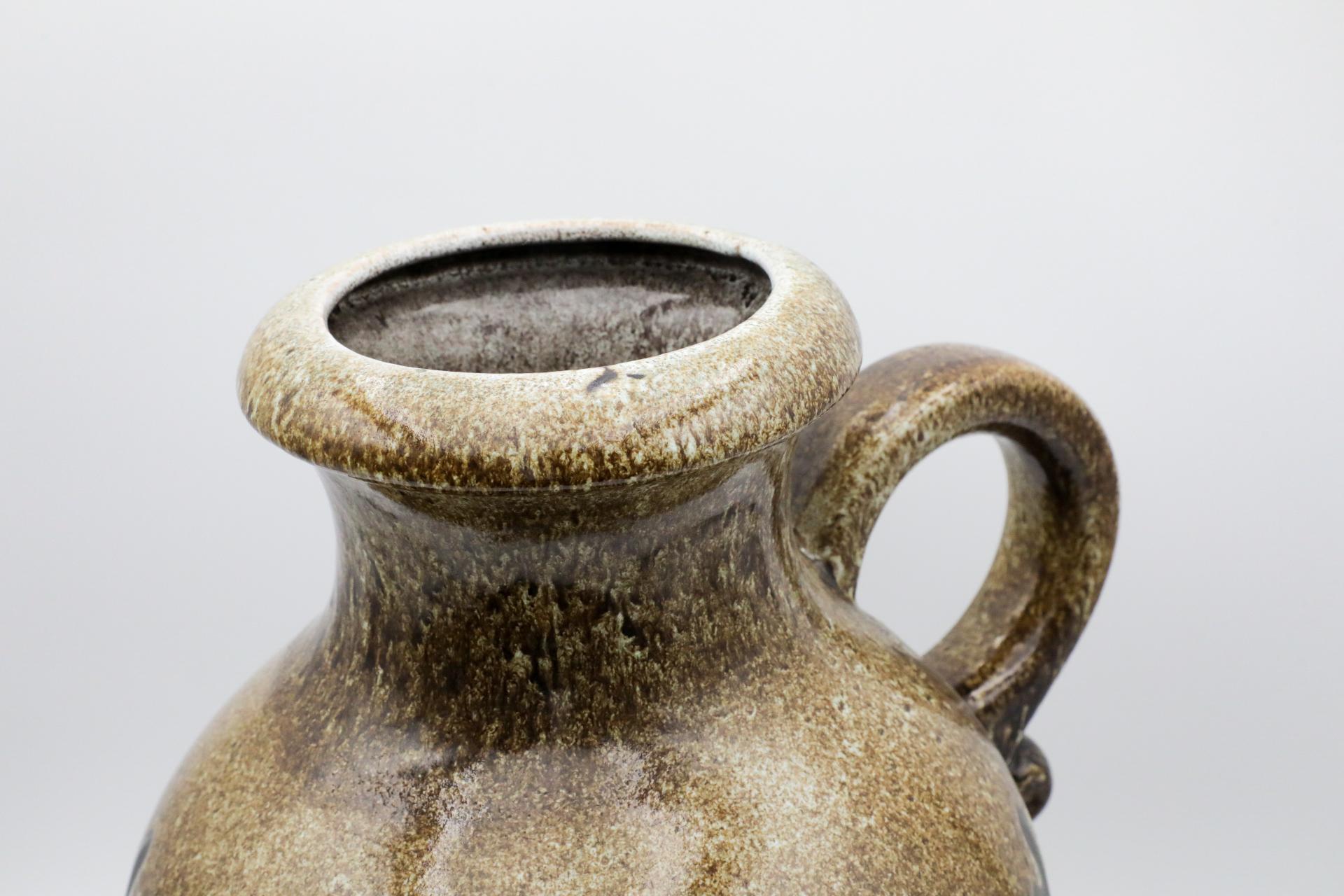 XL West German Brown Ceramic Jug, Textured Brown Glaze and Wavy Dark Brown Belt For Sale 3