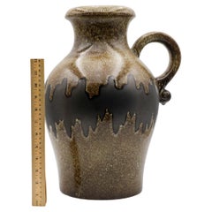 XL West German Brown Ceramic Jug, Textured Brown Glaze and Wavy Dark Brown Belt