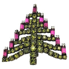Xmas tree brooch sign. D. Bauer Calif. Swarovski rhinestones olive and pink