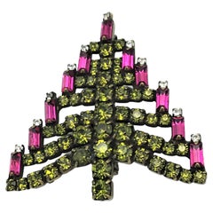 Retro Xmas tree brooch sign. D. Bauer Calif. Swarovski rhinestones olive and pink