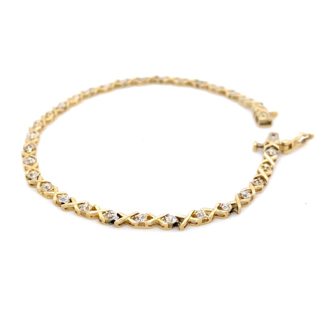 Round Cut XO Diamond Two-Tone Tennis Bracelet 0.15 Carats Diamonds 10K Gold For Sale