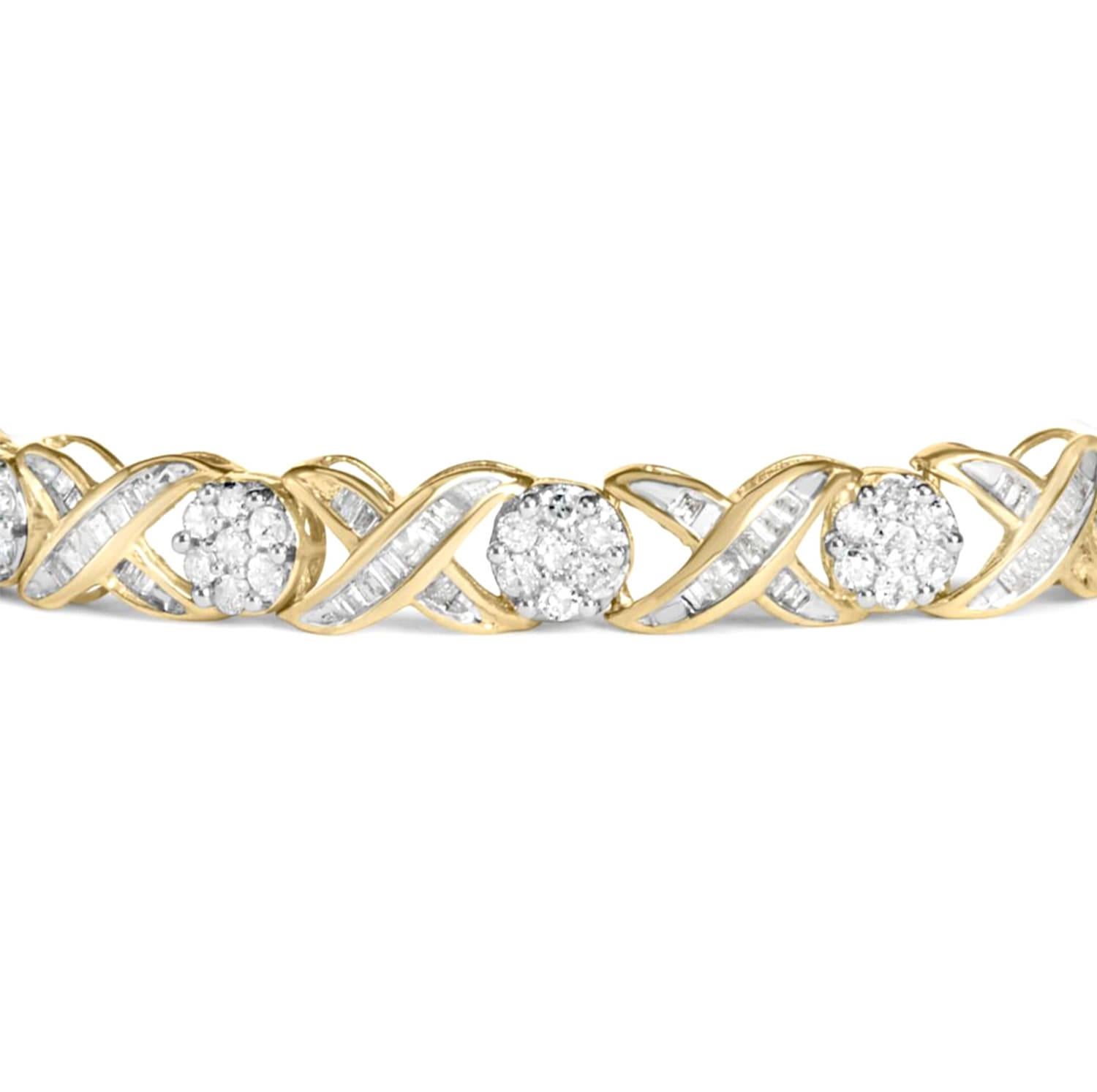 Contemporary XOXO Diamond Link Bracelet Round and Baguette Cut 3 Carats 10K Yellow Gold For Sale