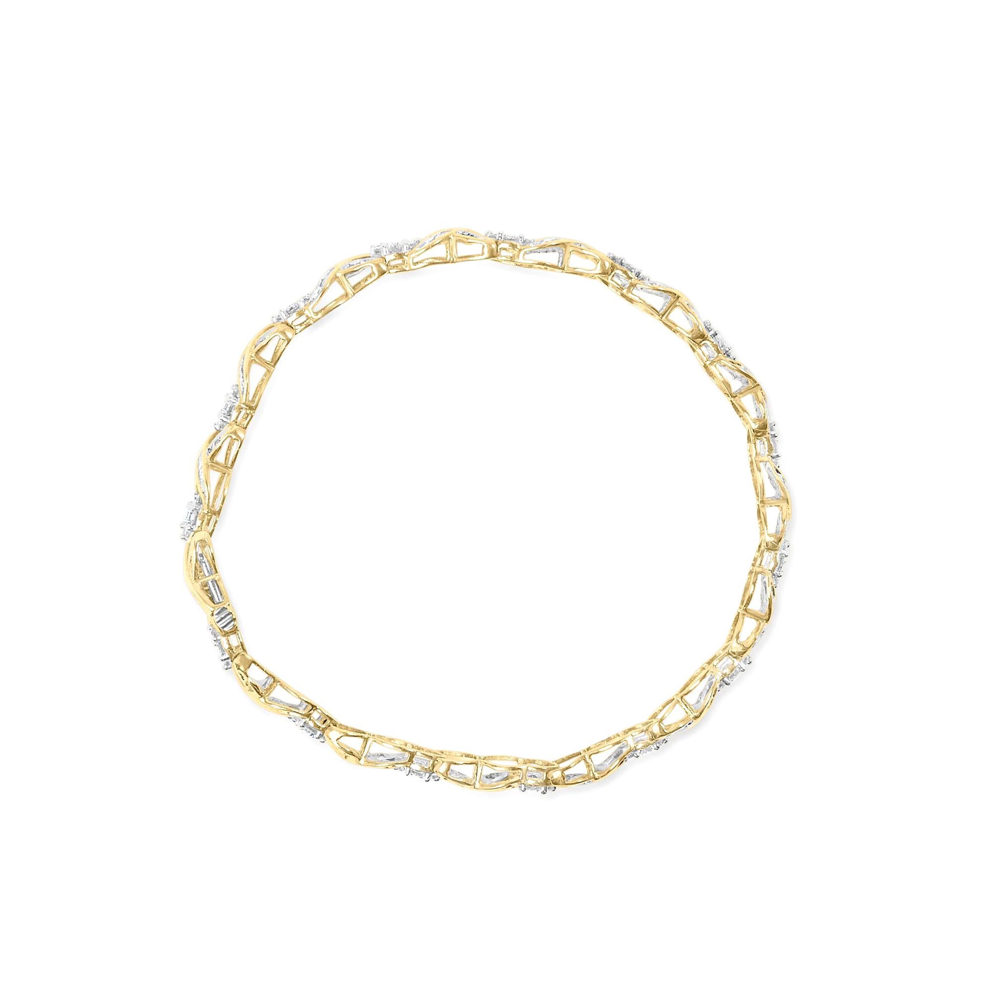 Women's or Men's XOXO Diamond Link Bracelet Round and Baguette Cut 3 Carats 10K Yellow Gold For Sale