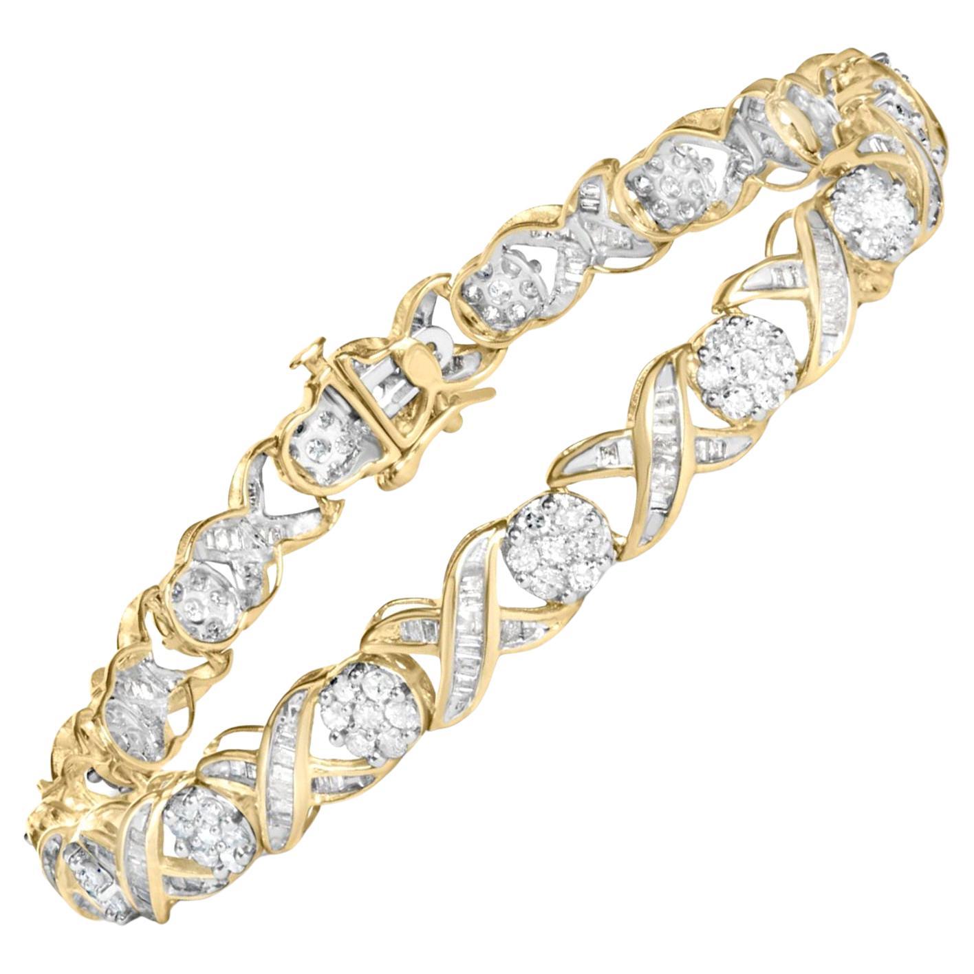XOXO Diamond Link Bracelet Round and Baguette Cut 3 Carats 10K Yellow Gold For Sale