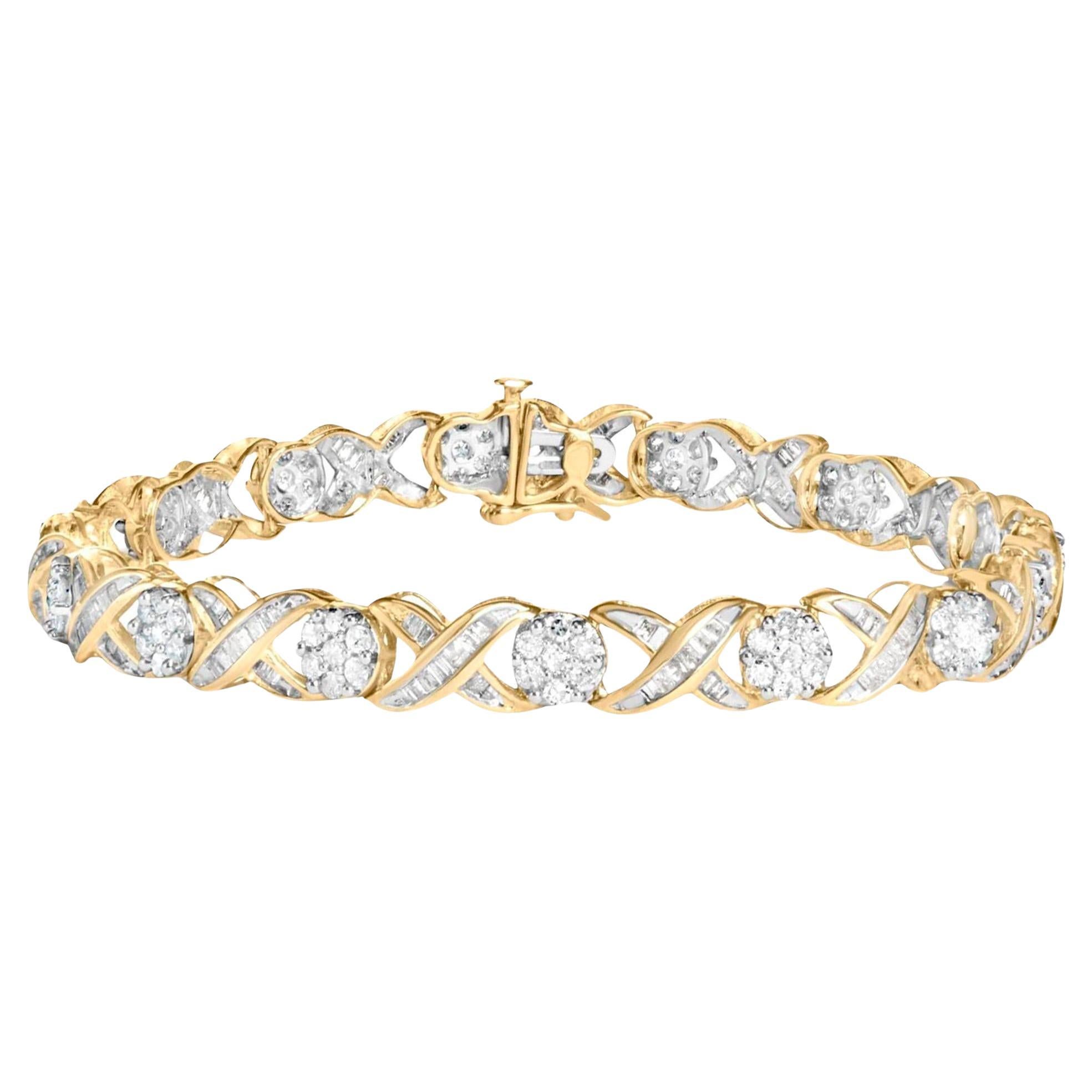 XOXO Diamond Link Bracelet Round and Baguette Cut 3 Carats 10K Yellow Gold