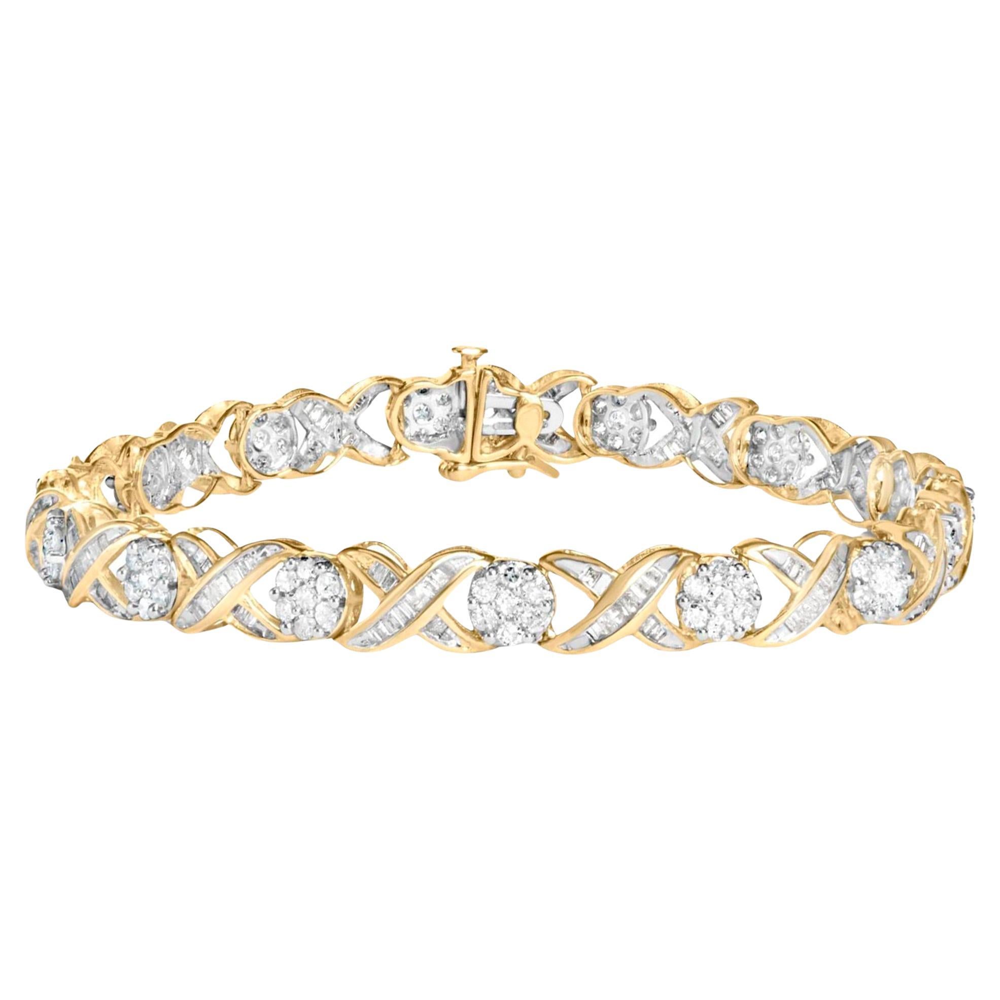 XOXO Diamond Link Bracelet Round and Baguette Cut 3 Carats 10K Yellow Gold