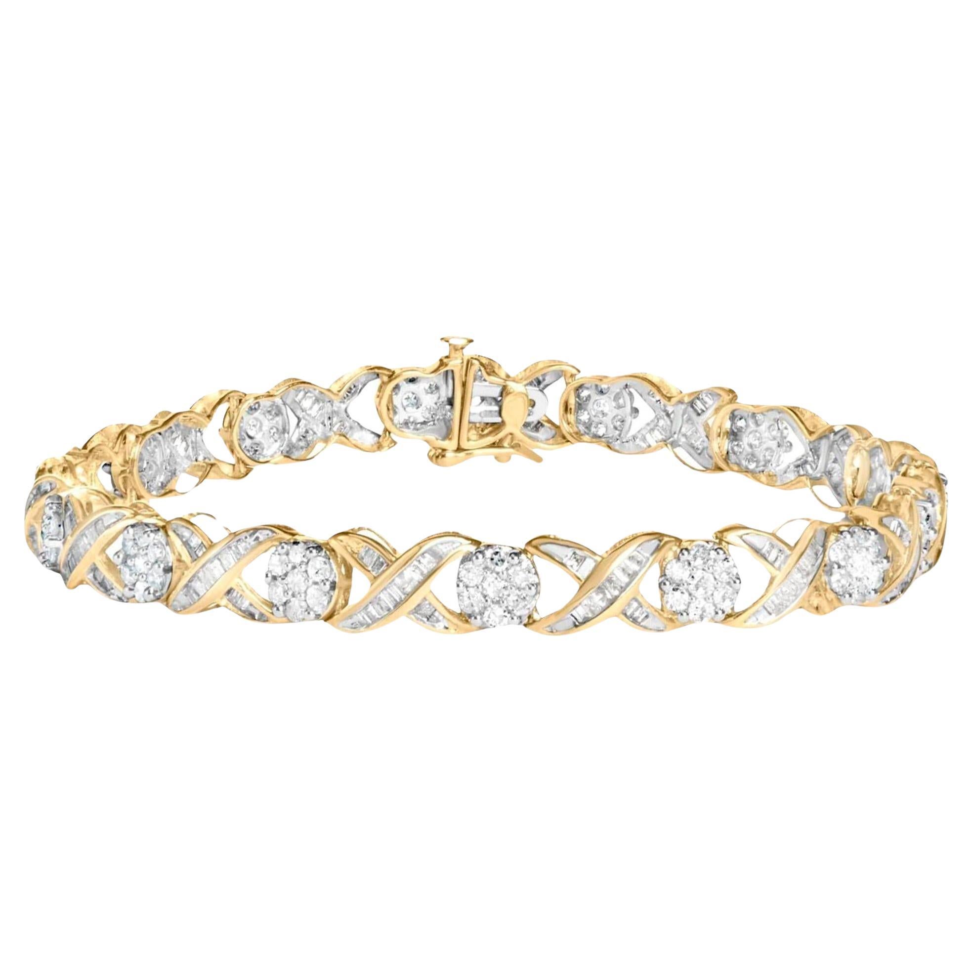 XOXO Diamond Link Bracelet Round and Baguette Cut 3 Carats 10K Yellow Gold