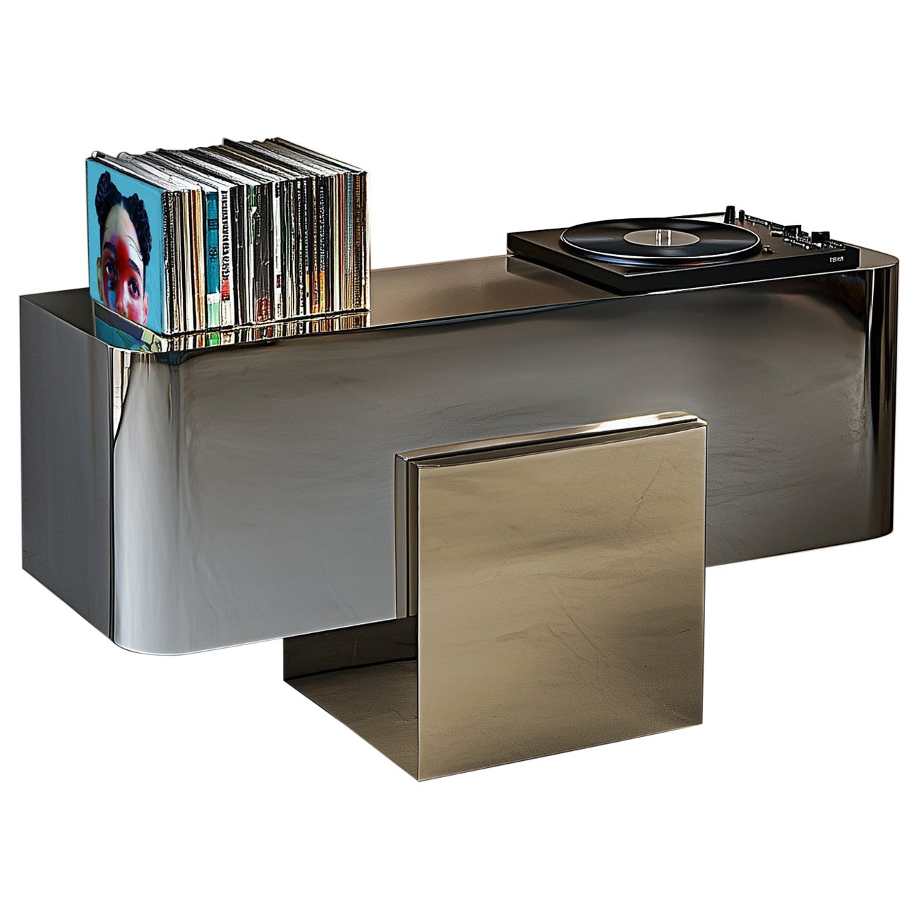 XS Deck - Home Music Console in Polished Stainless Steel and Brass For Sale