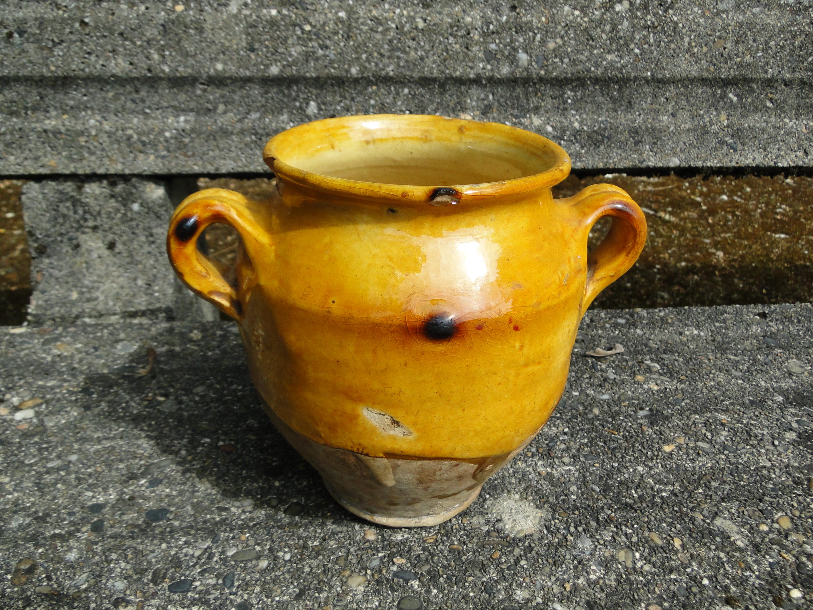XS French Antique Confit Redware Faience Yellowware Art Pottery Pot 2
