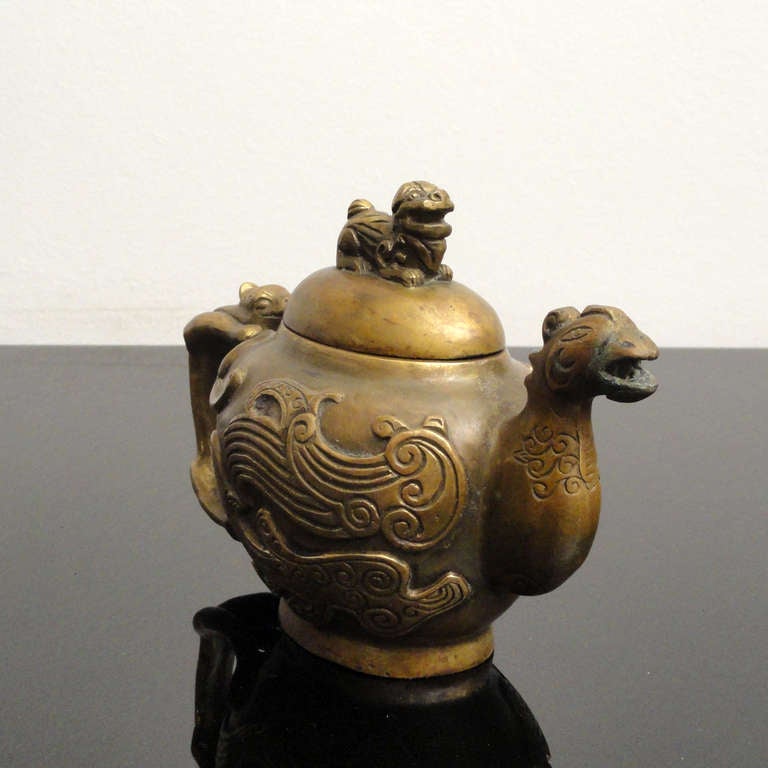 Cast Xuande Mark Bronze Tea Pot Pitcher Shaped as a Phoenix, China, circa 1900 For Sale