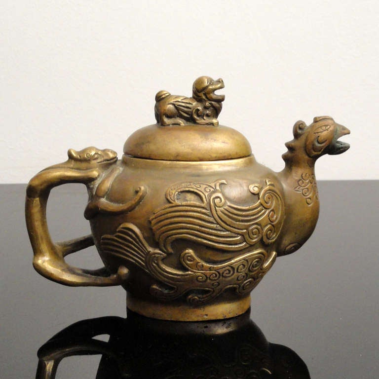 Xuande Mark Bronze Tea Pot Pitcher Shaped as a Phoenix, China, circa