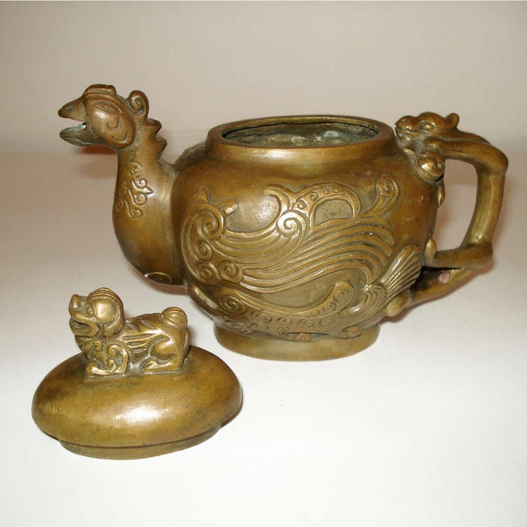Xuande Mark Bronze Tea Pot Pitcher Shaped as a Phoenix, China, circa 1900 For Sale 1