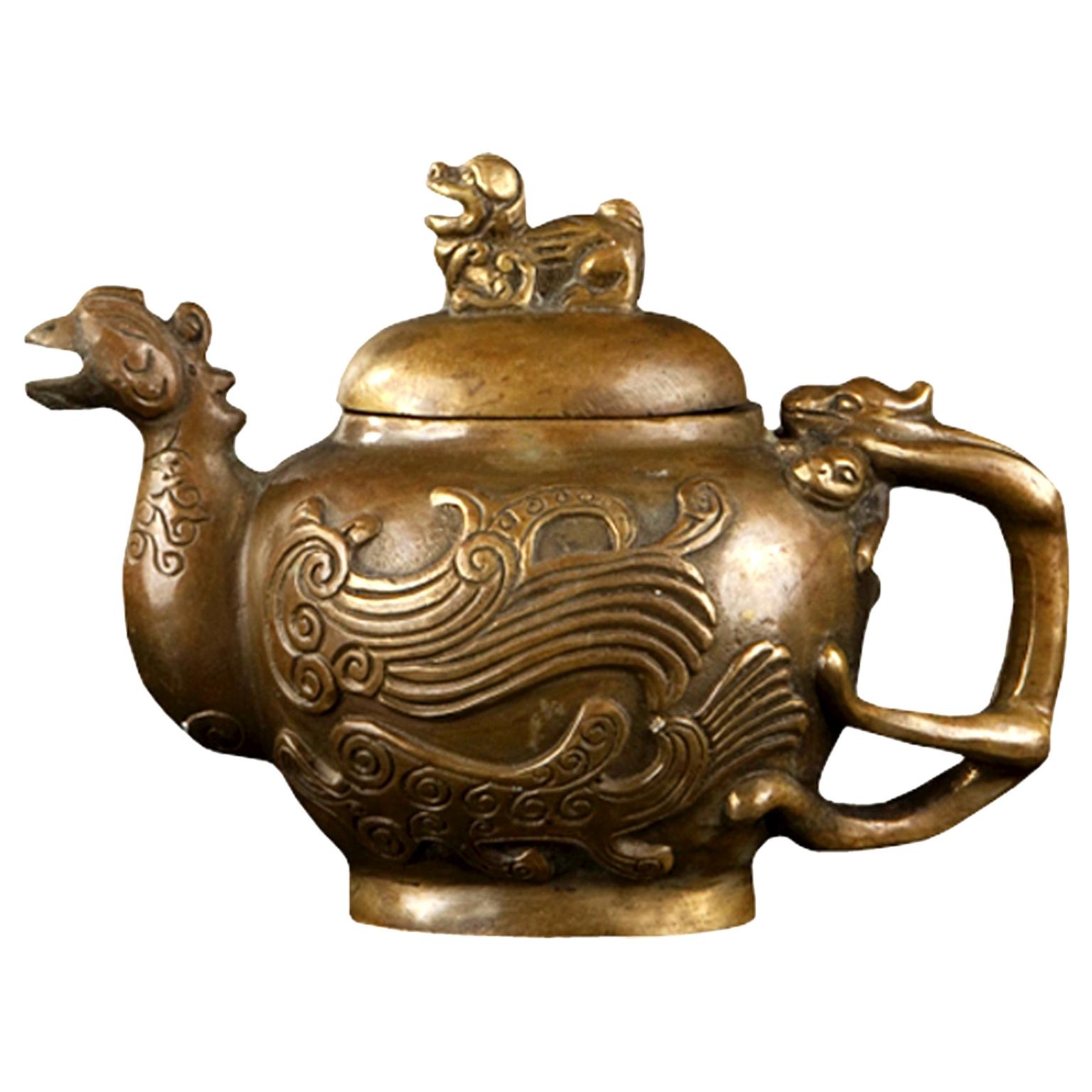 Xuande Mark Bronze Tea Pot Pitcher Shaped as a Phoenix, China, circa 1900