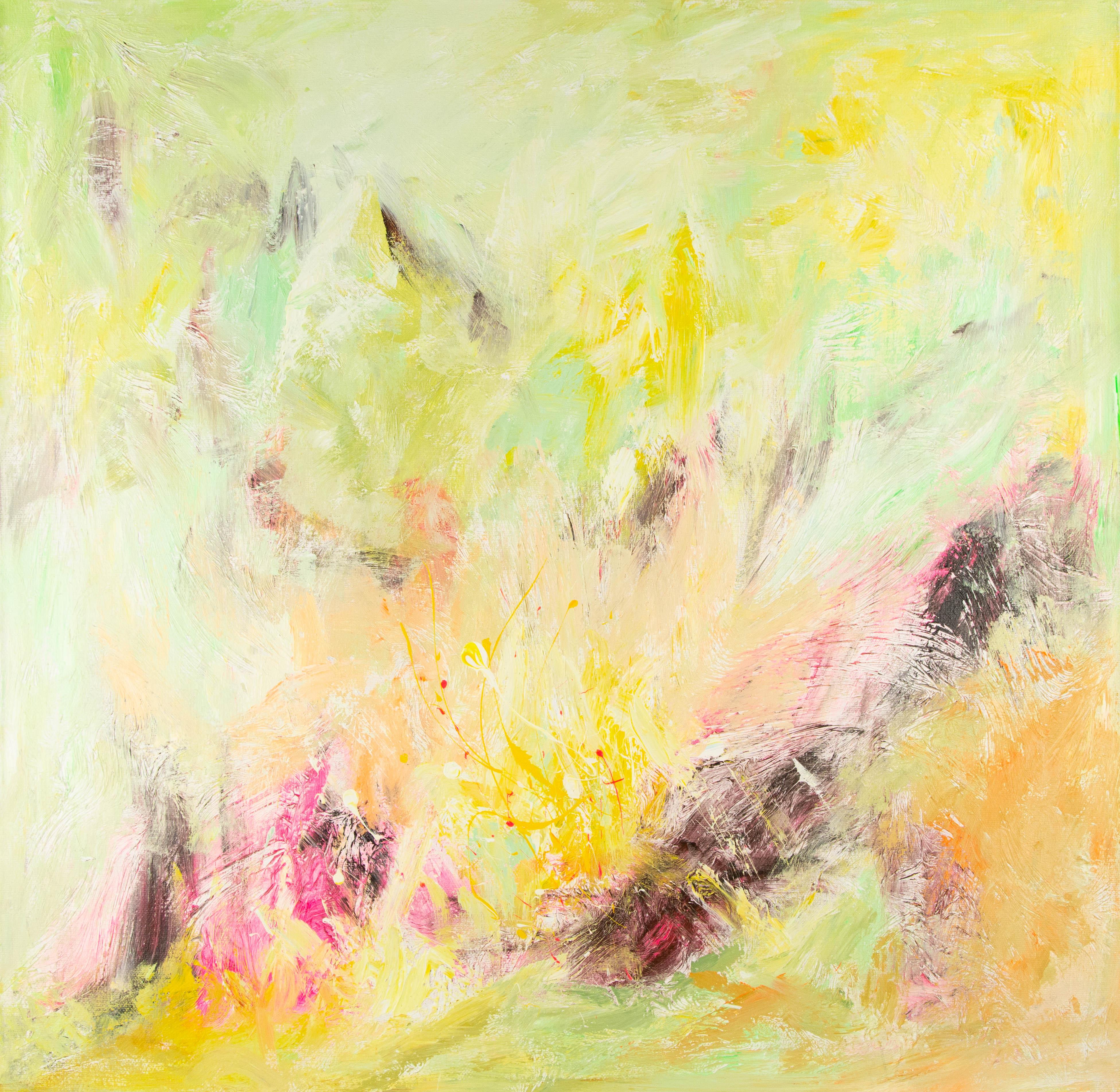 Title: Rhyme of Spring I
 Medium: Oil on canvas
 Size: 35 x 35 inches
 Frame: Framing options available!
 Condition: The painting appears to be in excellent condition.
 Note: This painting is unstretched
 Year: 2000 Circa
 Artist: XueQun Li
