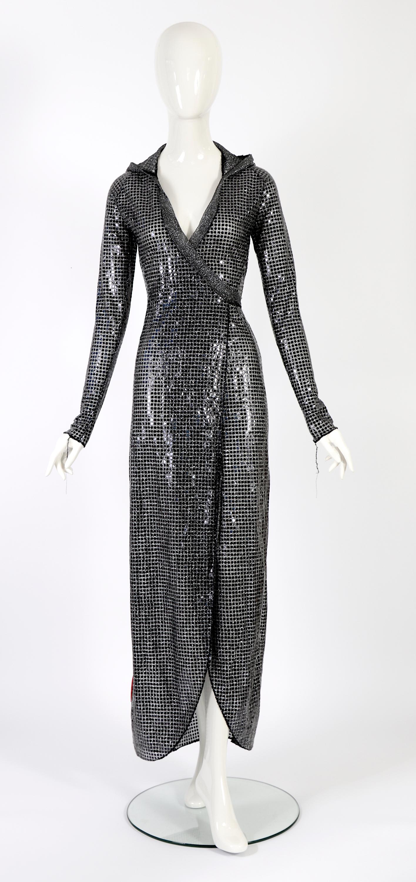 XULY BET vintage 1990s silver sequin stretch hooded wrap dress 8