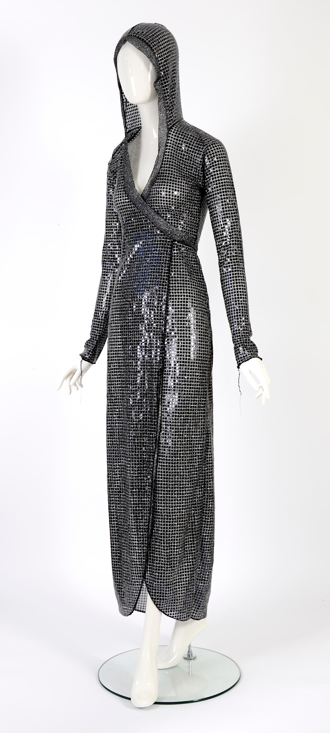 XULY BET vintage 1990s silver sequin stretch hooded wrap dress 6