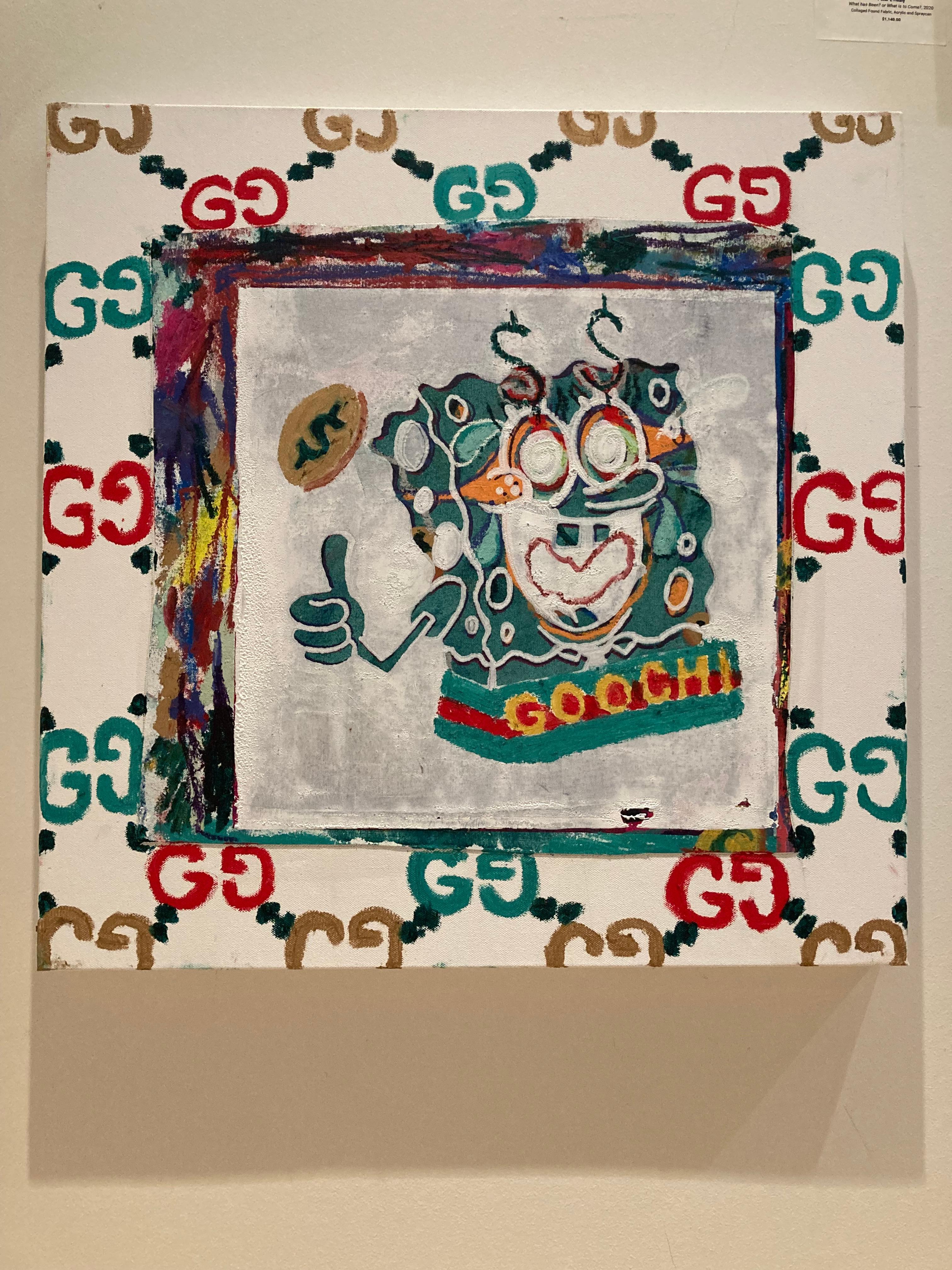 In diesem 24 "x24" großen Gemälde von XVALA spielt der Künstler auf farbenfrohe Weise mit der Marke "Gucci" in Verbindung mit der Zeichentrickserie "Spongebob" aus der Kindheit Ein "Goochi Sponge" steht im Mittelpunkt und spielt mit dem "Gucci"-Logo