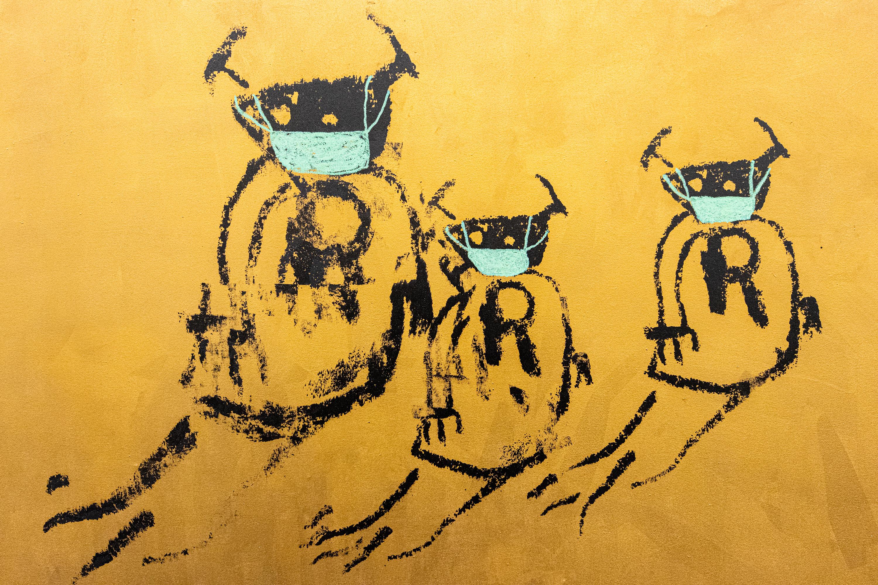 'Rona Bots:  Gold Edition, ' by XVALA, Silkscreen, Oil Stick, Iridescent Painting