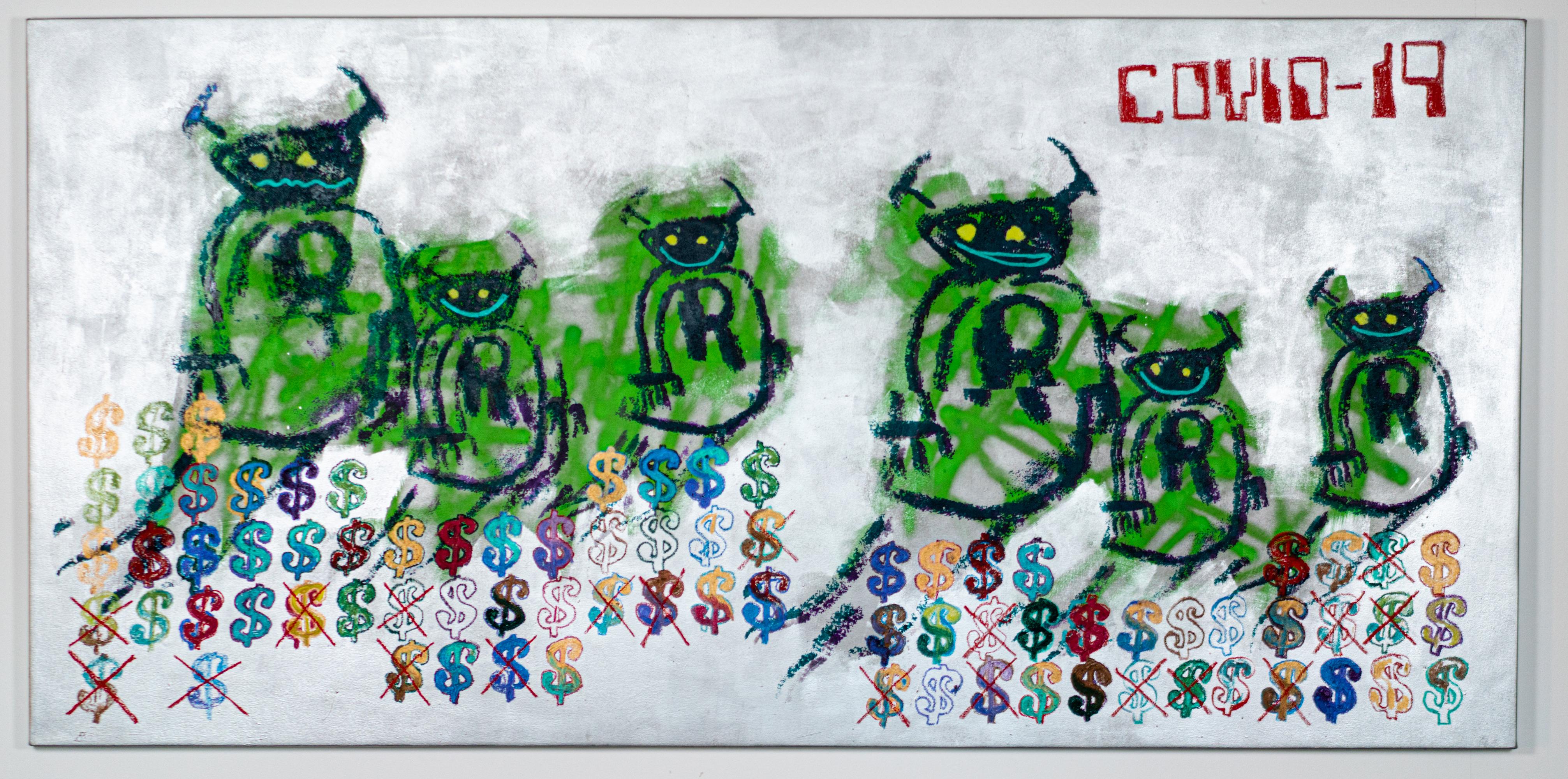 This large scale 113" x 55" mixed media painting by XVALA was created during the pandemic and features floating green robots on a silver canvas with multi-color dollar signs throughout. The COVID-19 pandemic has had a devastating effect on the