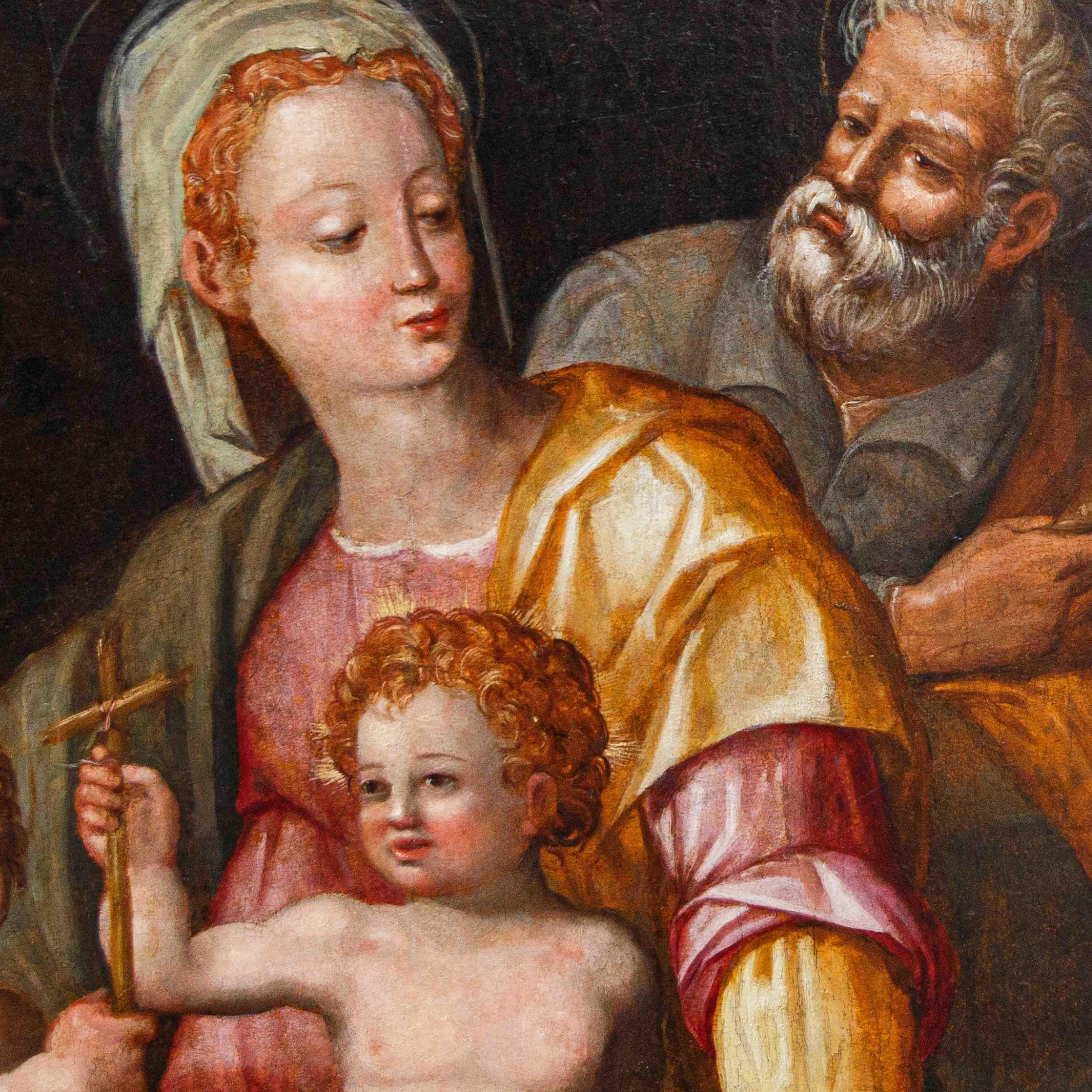 16. Jahrhundert, Toskanische Schule, Heilige Familie mit dem Heiligen Johannes (Geölt) im Angebot