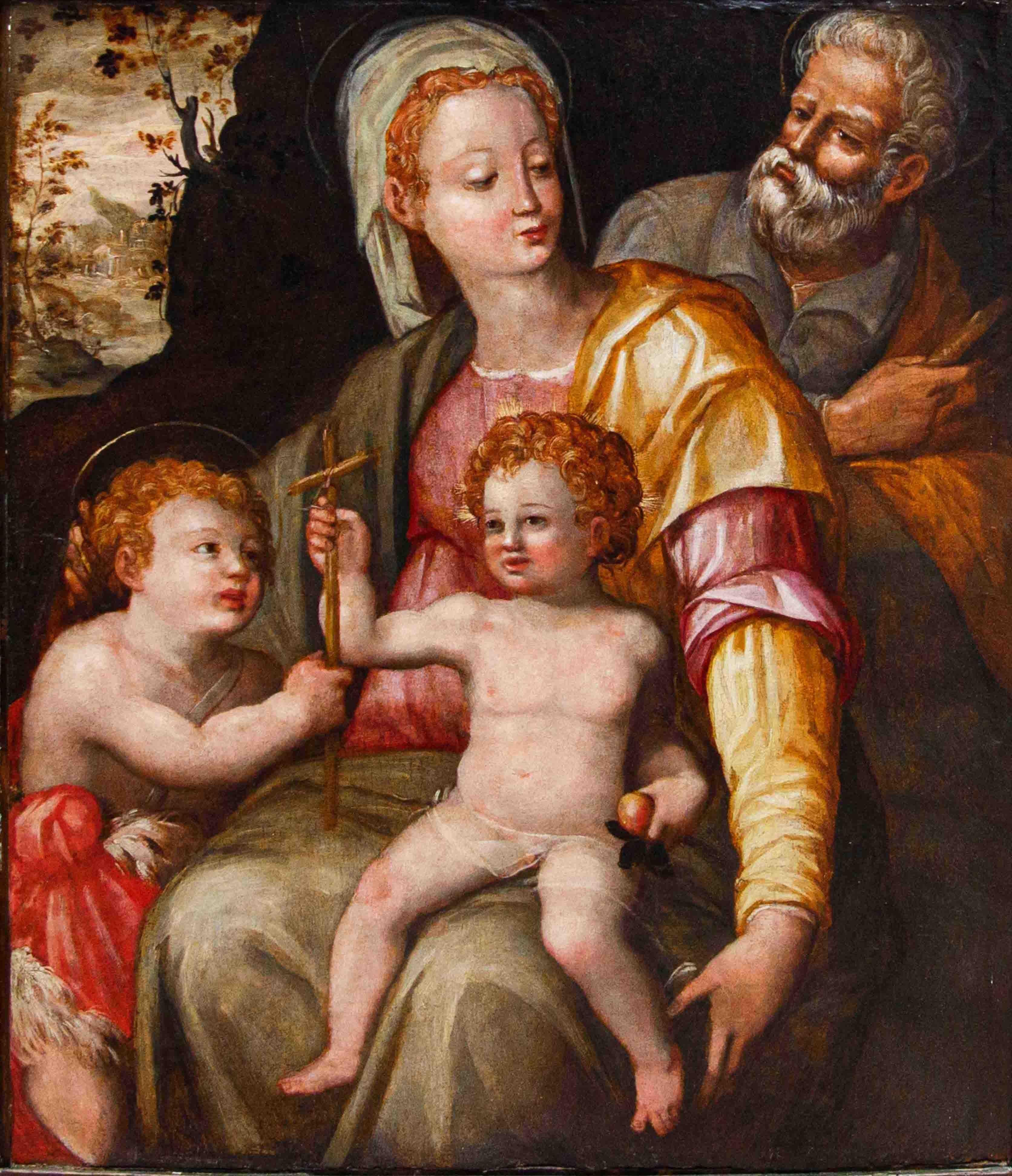 16. Jahrhundert, Toskanische Schule, Heilige Familie mit dem Heiligen Johannes im Angebot 1