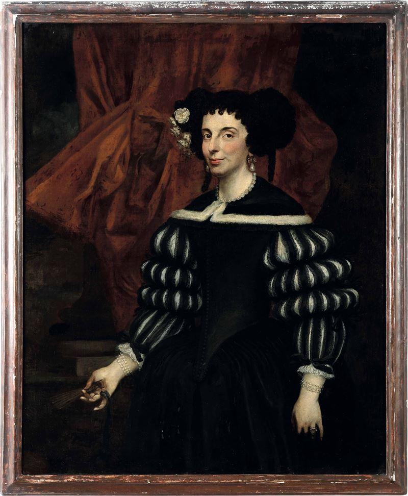 Oiled XVII Century school, Portrait of a noblewoman in black dress  For Sale