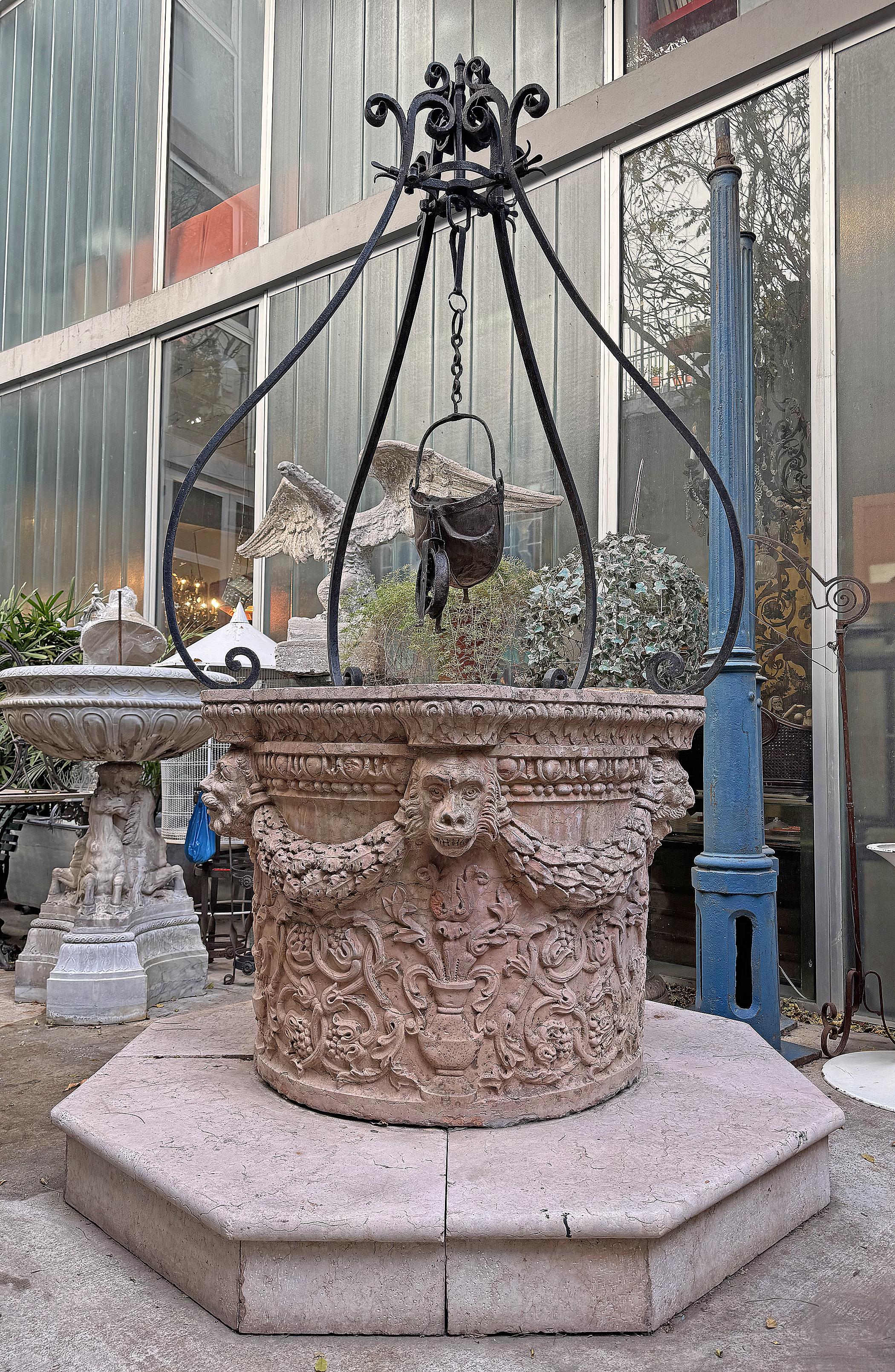 XVII Century Renaissance Venetian Rosso Verona marble wellhead/cistern with wrought iron top pulley over octagonal base, Italy

By: unknown
Material: marble, stone, iron, wrought iron, metal
Technique: carved, cast, forged, hammered, hand-carved,