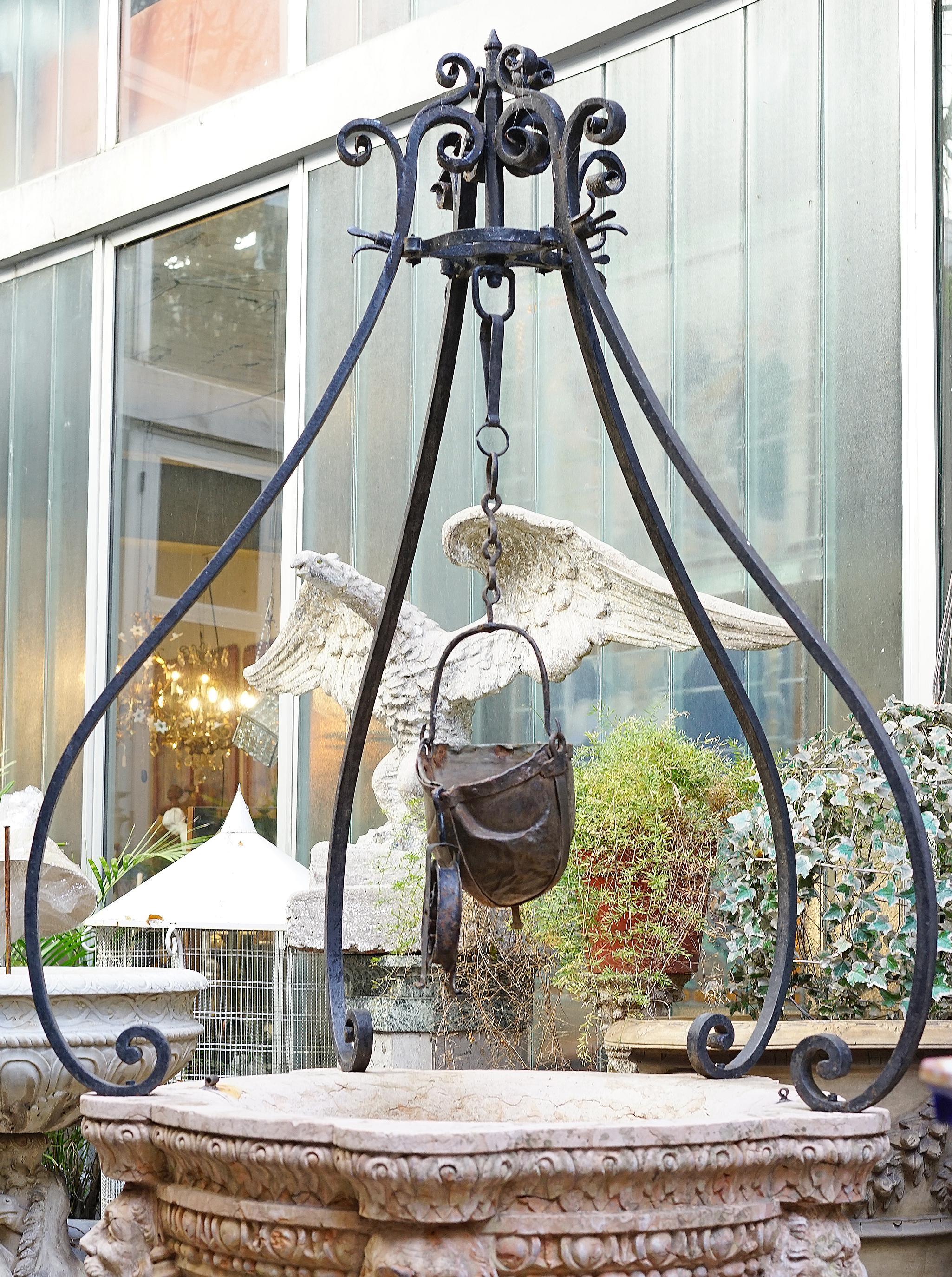 Metal XVII Century Venetian Rosso Verona Marble Wellhead with Wrought Iron Top, Italy For Sale