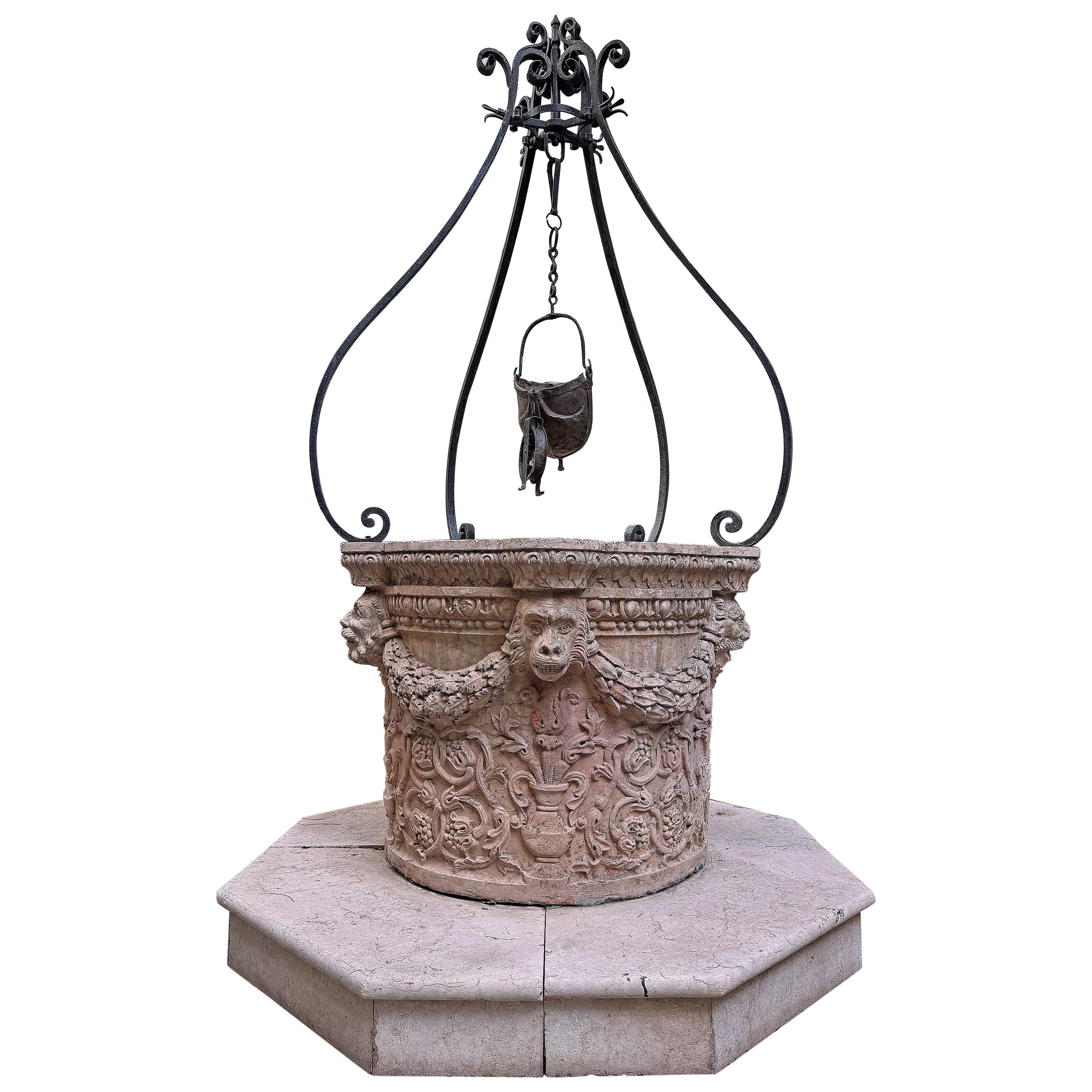 XVII Century Venetian Rosso Verona Marble Wellhead with Wrought Iron Top, Italy For Sale