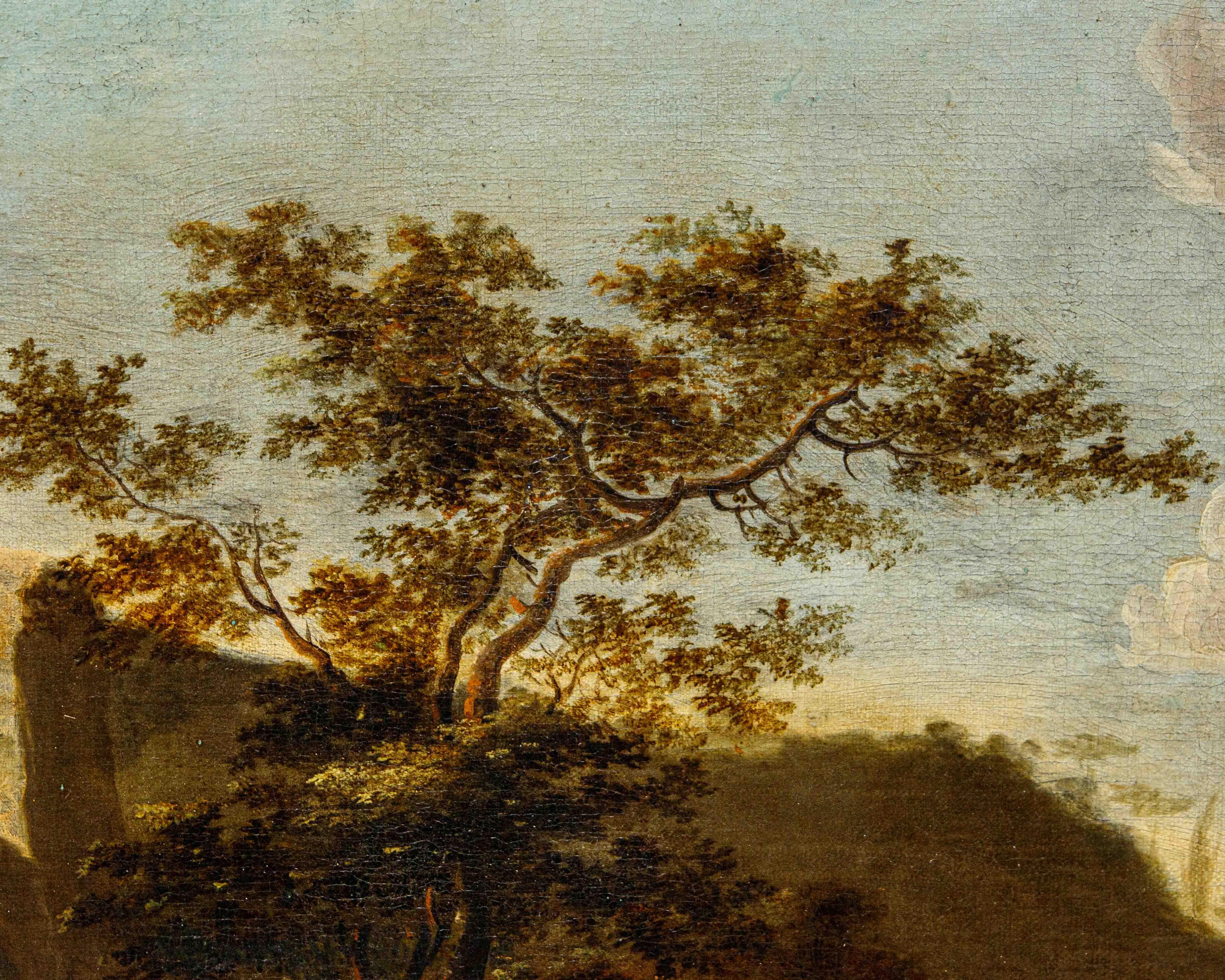 A olio XVII secolo, Paesaggio con personaggi in vendita