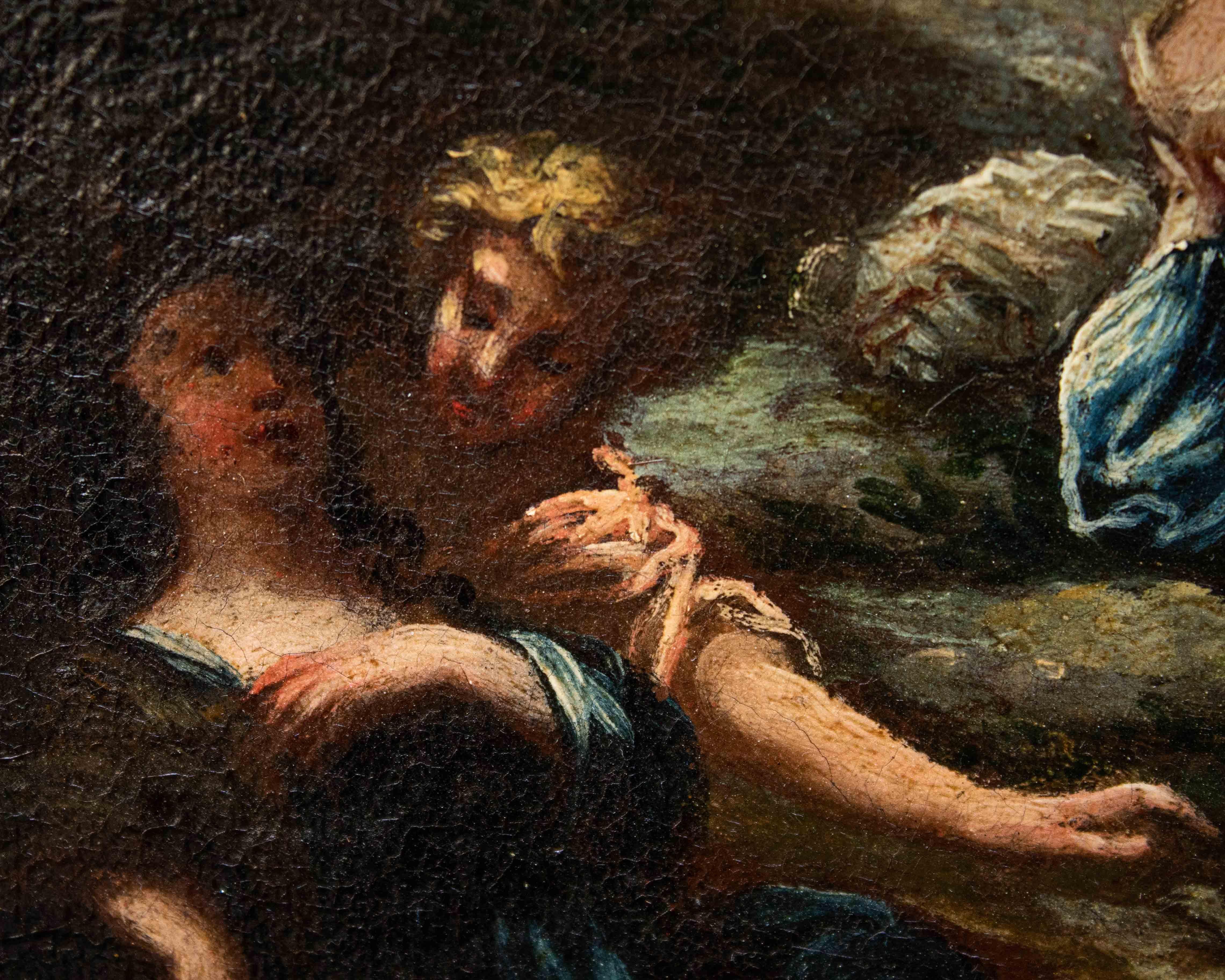 XVII secolo, scuola emiliana,  Paesaggio agreste con scene galanti 18th Century and Earlier en venta