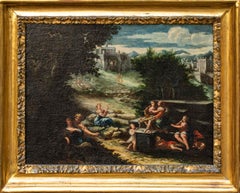 XVII secolo, scuola emiliana,  Paesaggio agreste con scene galanti