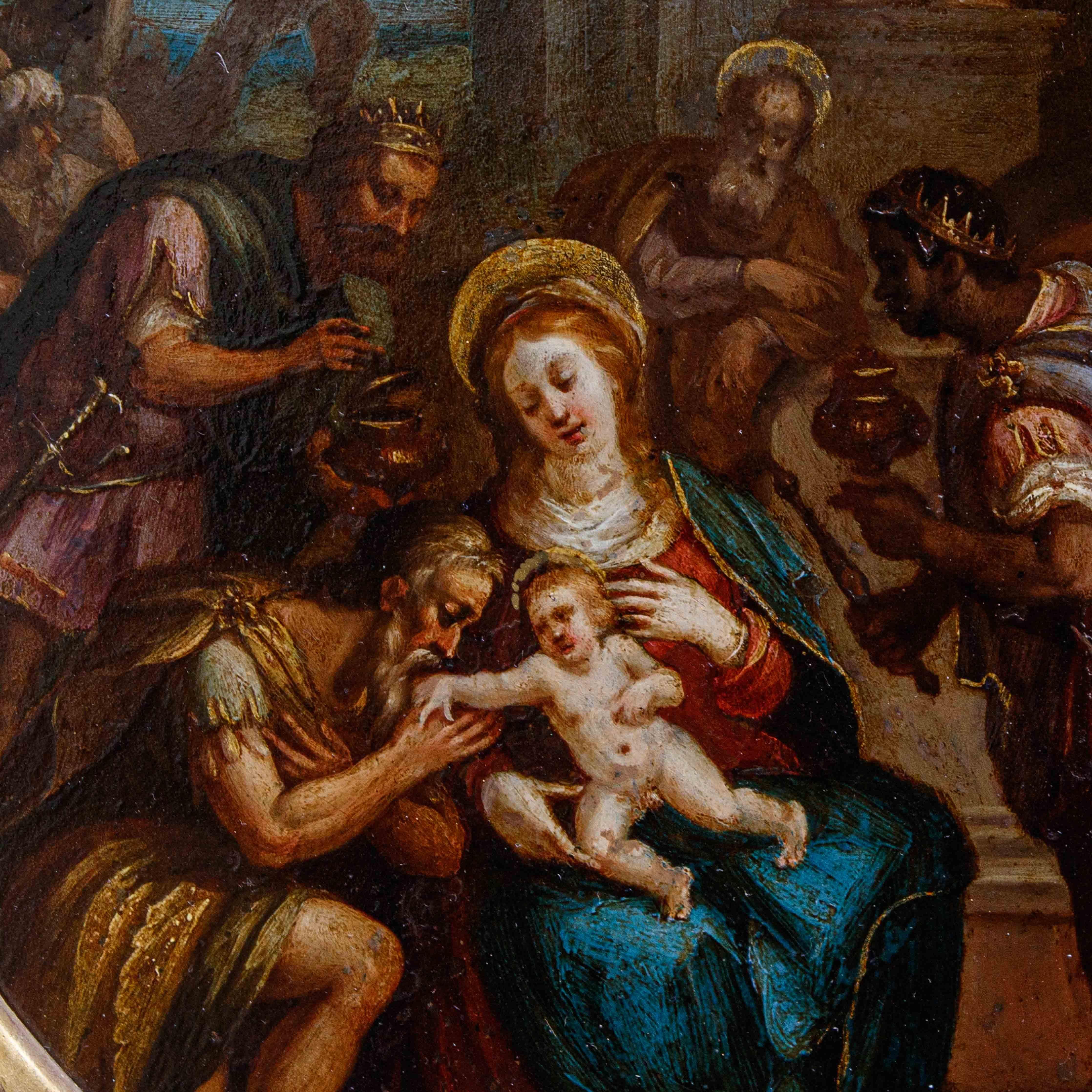 XVII secolo, Scuola fiamminga

Adorazione dei Magi

Olio su rame, diam. cm 19,5

Con cornice cm 35,3 x 35,3

Inciso sul retro in calligrafia seicentesca “Fiamingo”

Vivida scena di adorazione, brillante dei più sinfonici colori. Il particolare