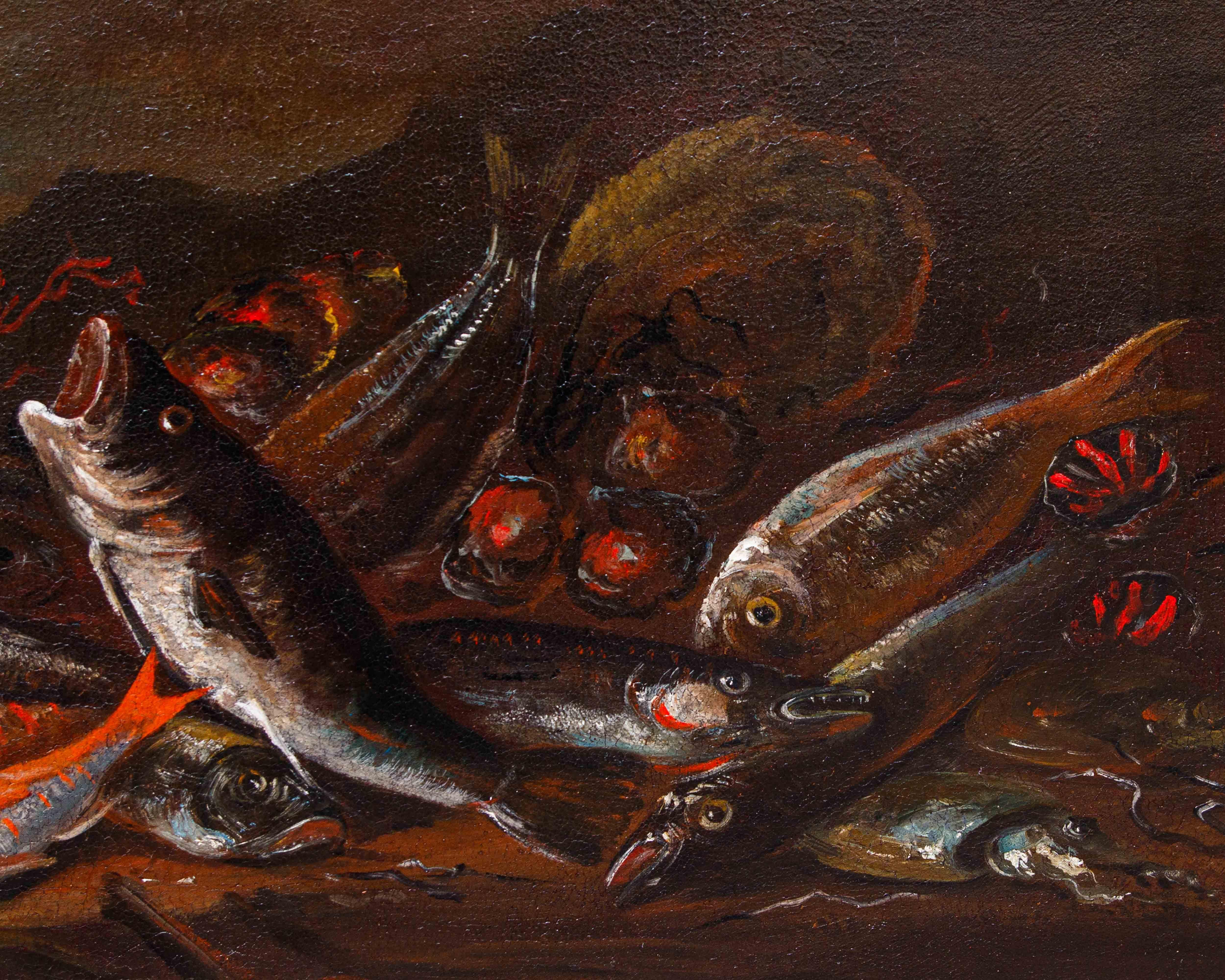 17. Jahrhundert, Anhänger von Giuseppe Recco (Neapel, 1634 - Alicante, 1695)

Stilleben mit Fischen, Tintenfischen, Austern und Korallen am Strand

Öl auf Leinwand, 57,5 x 117 cm

Gerahmt, cm 

Auf der Rückseite der Leinwand befindet sich ein