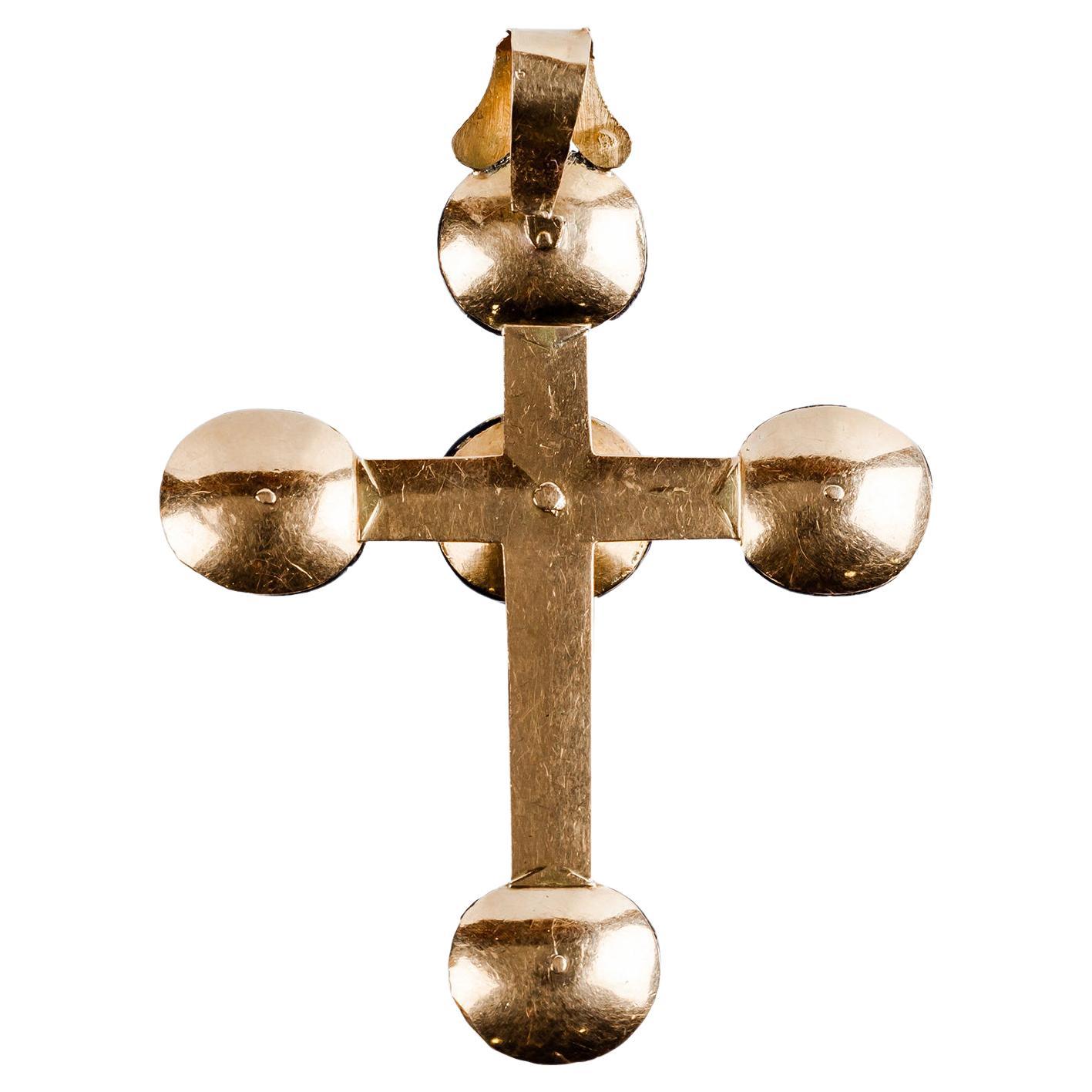 XVII-XVIII Capucine Cross in Yellow Gold, rose Diamonds & Onyx Black enamel Conical Chatons.
Measures: 70x53mm / 2.75x2.08in
Regional French Cross 

The Capucine cross is usually quite large, at least 70mm in height, and set with very small rose-cut