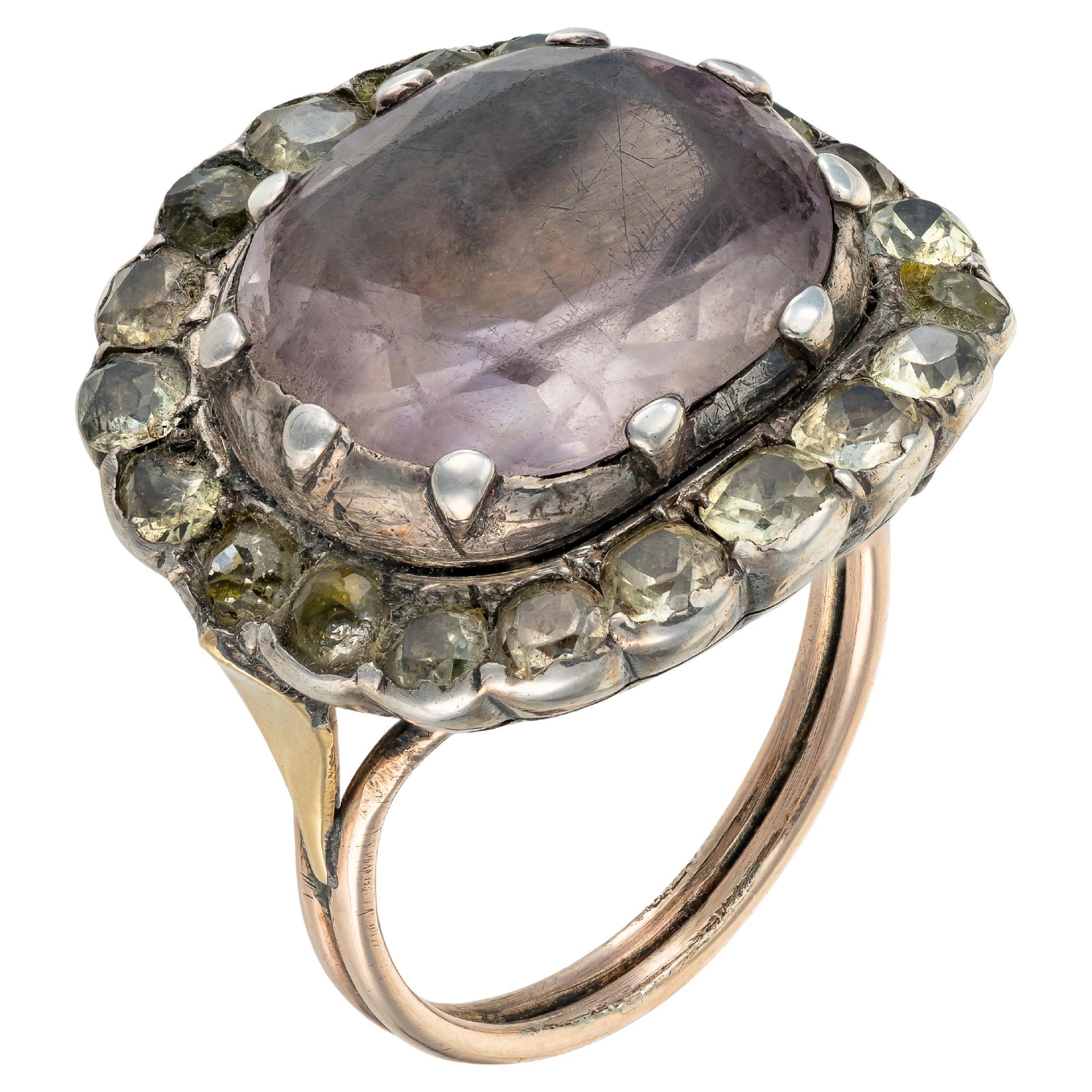 Anello portoghese in oro e argento del XVIII secolo con ametista e crisolito
