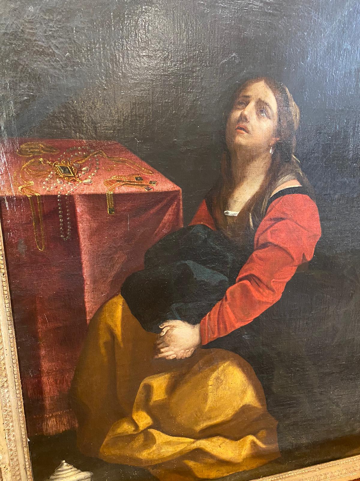 Öl auf Leinwand mit der Darstellung der Magdalena mit Juwelen auf dem Tisch, schöne Farben und das Gesicht des Heiligen Ausdruck. Vermutlich italienischer Maler aus Mittelitalien, 18. Jahrhundert.