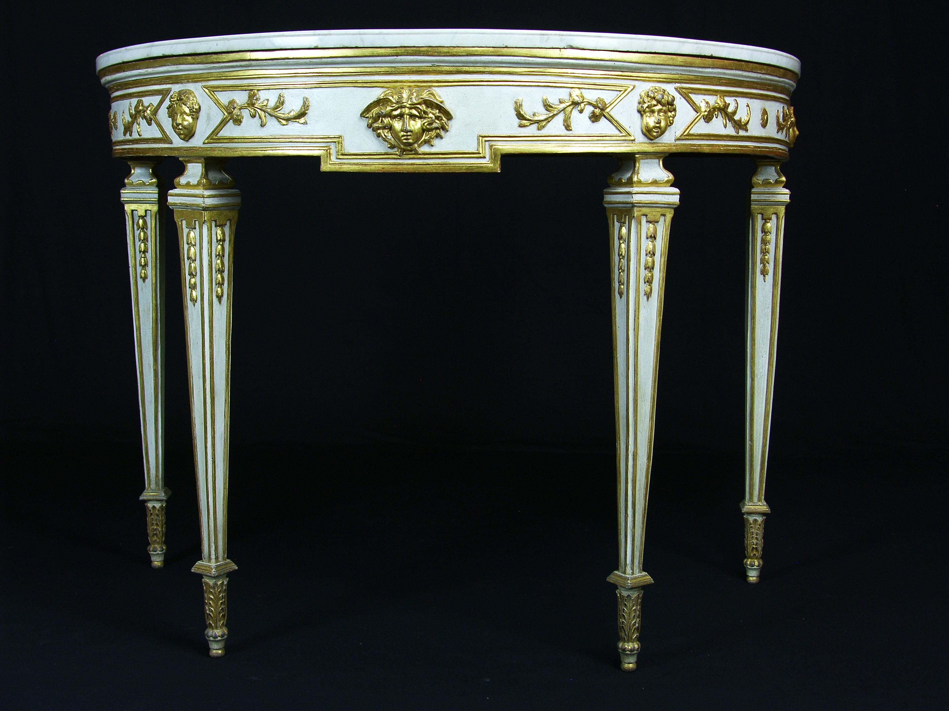Hand-Carved 18th Century, Pair of Italian Half-Moon Lacquered Giltwood Neoclassical Console For Sale