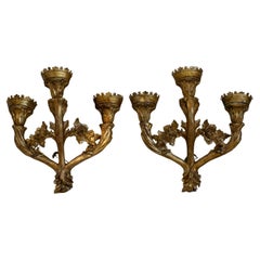 Antique XVIII Century Pair of Touchers in Gilt Woodwork converted in lighting appliqués 