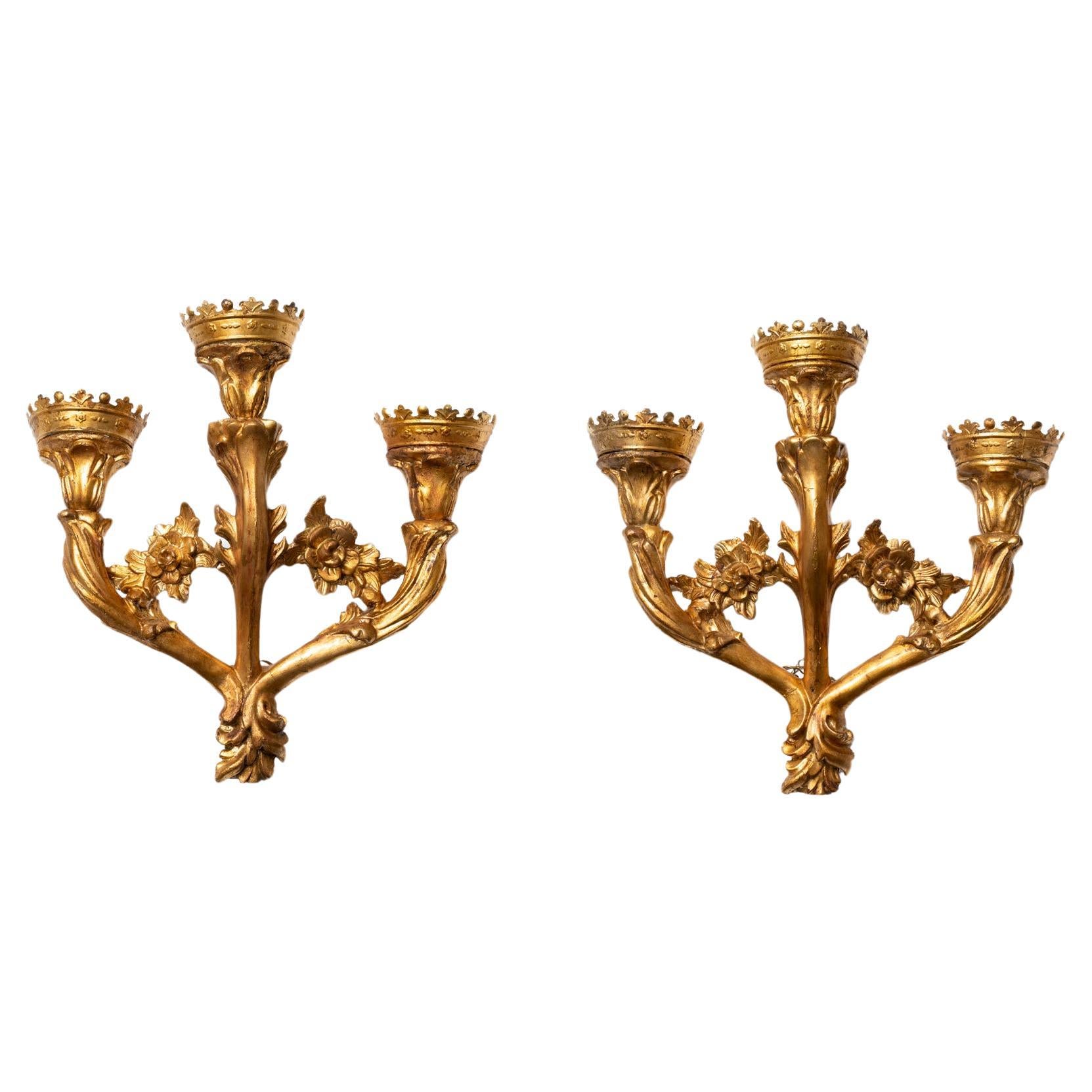 XVIII Century Pair of Touchers in Gilt Woodwork converted in lighting appliqués  For Sale