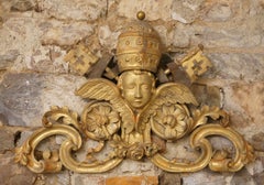 18th century Gilded Wood Gilt Frieze Papal Coat of Arms Forged Iron Italy