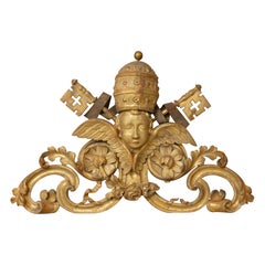 18th century Gilded Wood Gilt Frieze Papal Coat of Arms Forged Iron Italy