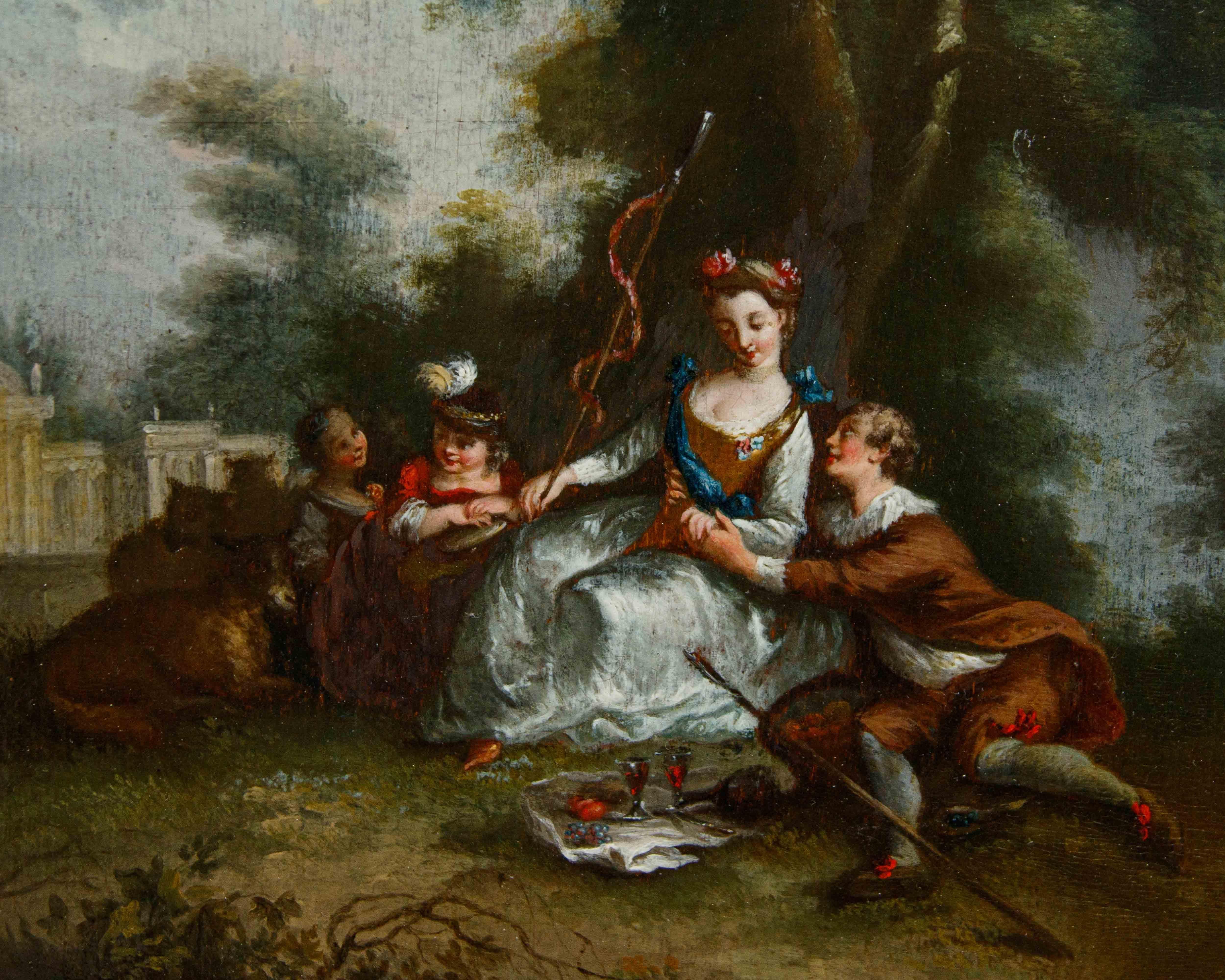Bois XVIIIe siècle, École française, Scènes galantes en vente