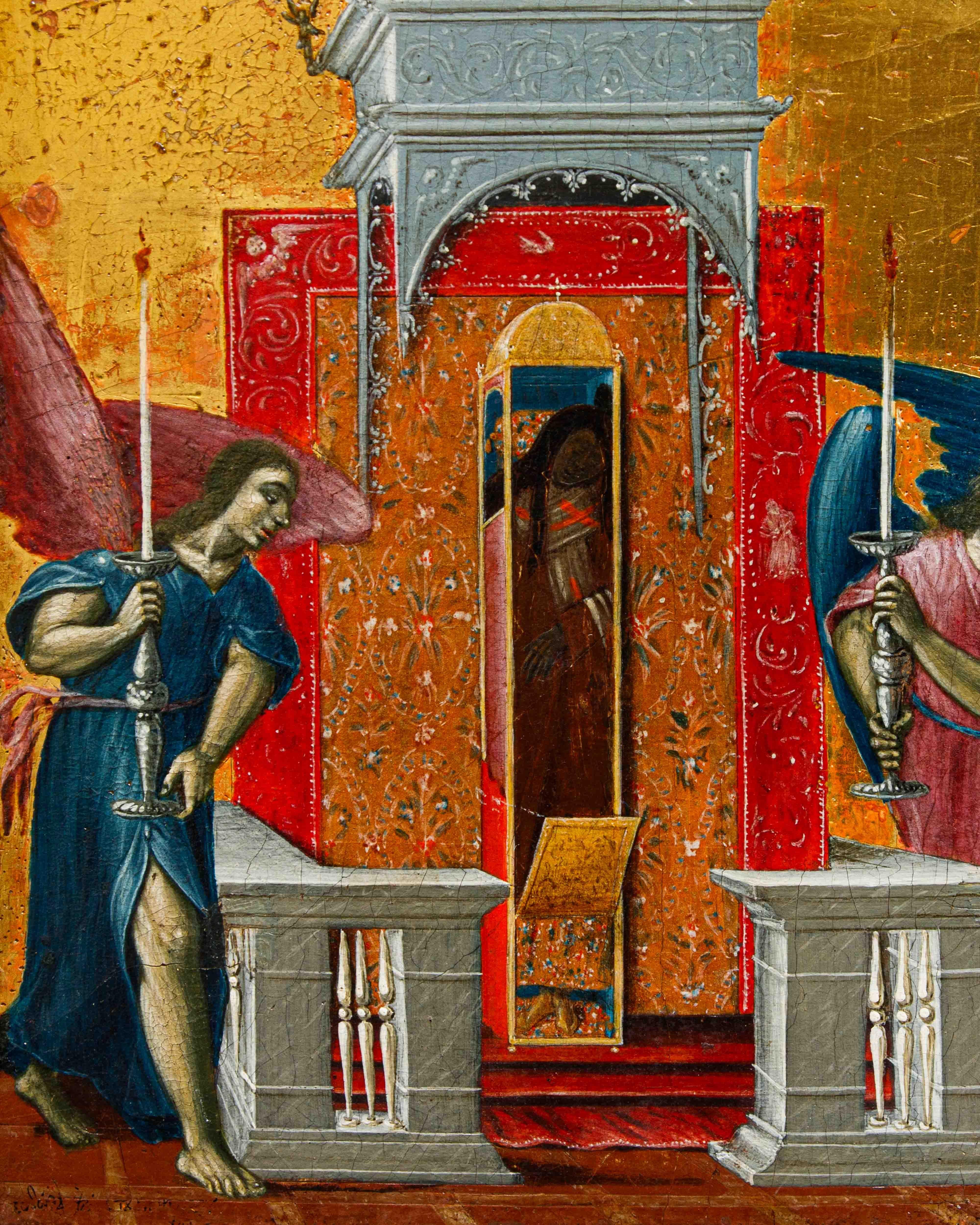 18. Jahrhundert, Russische Schule

Ikone mit der Darstellung der Reliquien des Heiligen Spiridon von Trimiton, die im Tempel von Kerkyra aufbewahrt werden 

Tempera auf Tafel, 26,5 x 19 cm

Aufgetragen auf vergoldeter Holztafel, insgesamt 38 x 31