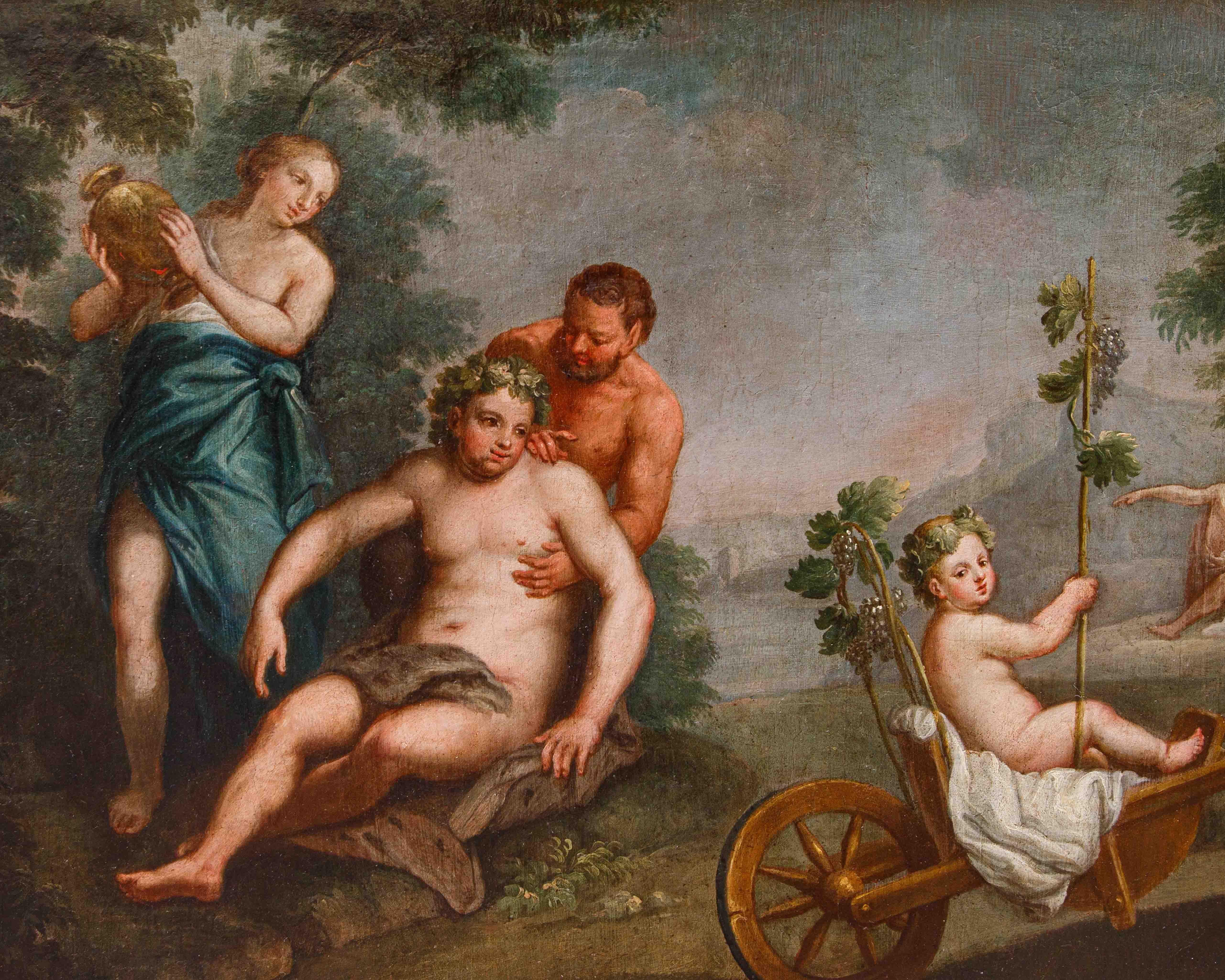 XVIIIe siècle

Vaincu par l'éducation de Bacchus

Huile sur toile, 45 x 114 cm

Encadré, 56 x 131 cm

La toile en question, dont la fonction originelle était probablement celle d'un transparent, présente un épisode du mythe de l'éducation de