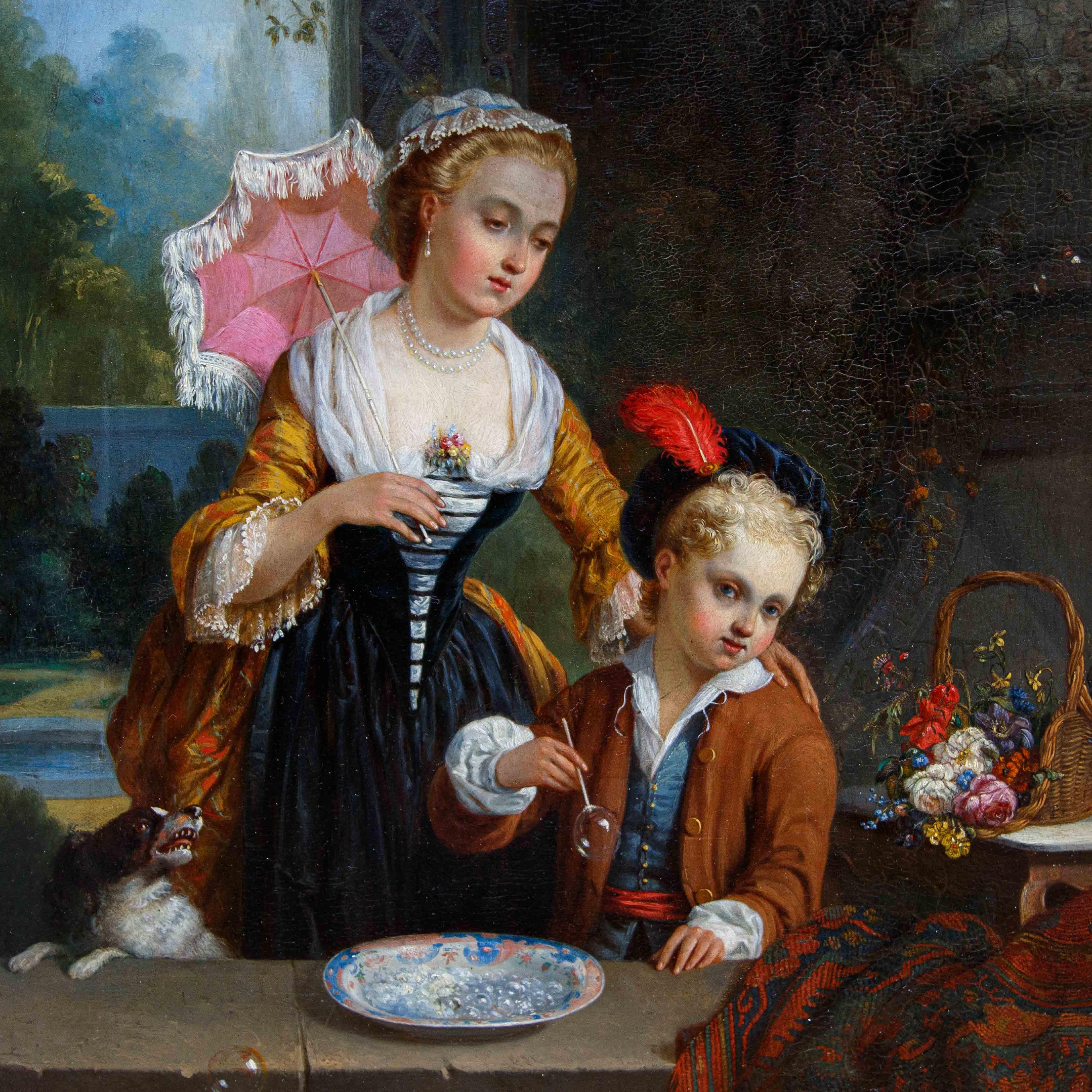 French school, 18th-19th century

The soap bubbles

Oil on panel, 44.5 x 36.5 cm

Framed, 60 x 54 cm

In this French school painting, with its leery and playful tone, but mother lovingly approaches her son intent on blowing a soap bubble. There are