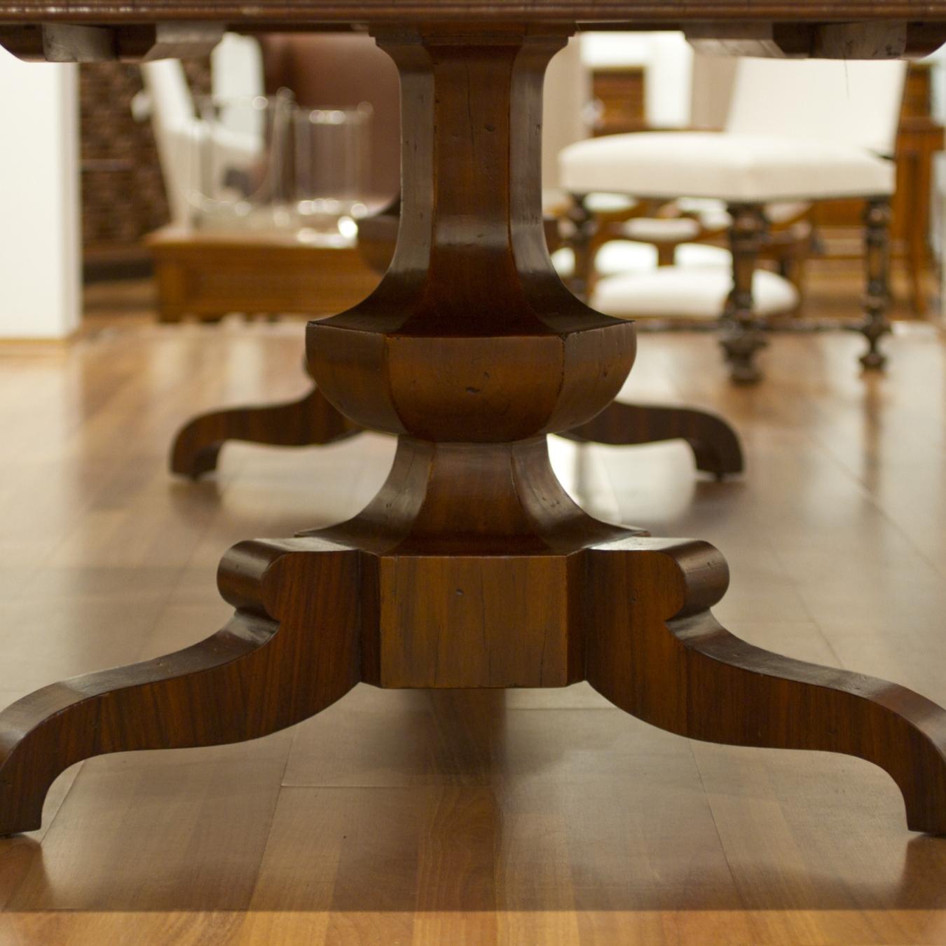 The Palafoxiana rectangular dining table is inspired by XVIIIth Century Mexican furniture, made from guanacastle wood. It has an intricate veneered designed table top with a concave apron made with crossed moldings.
 