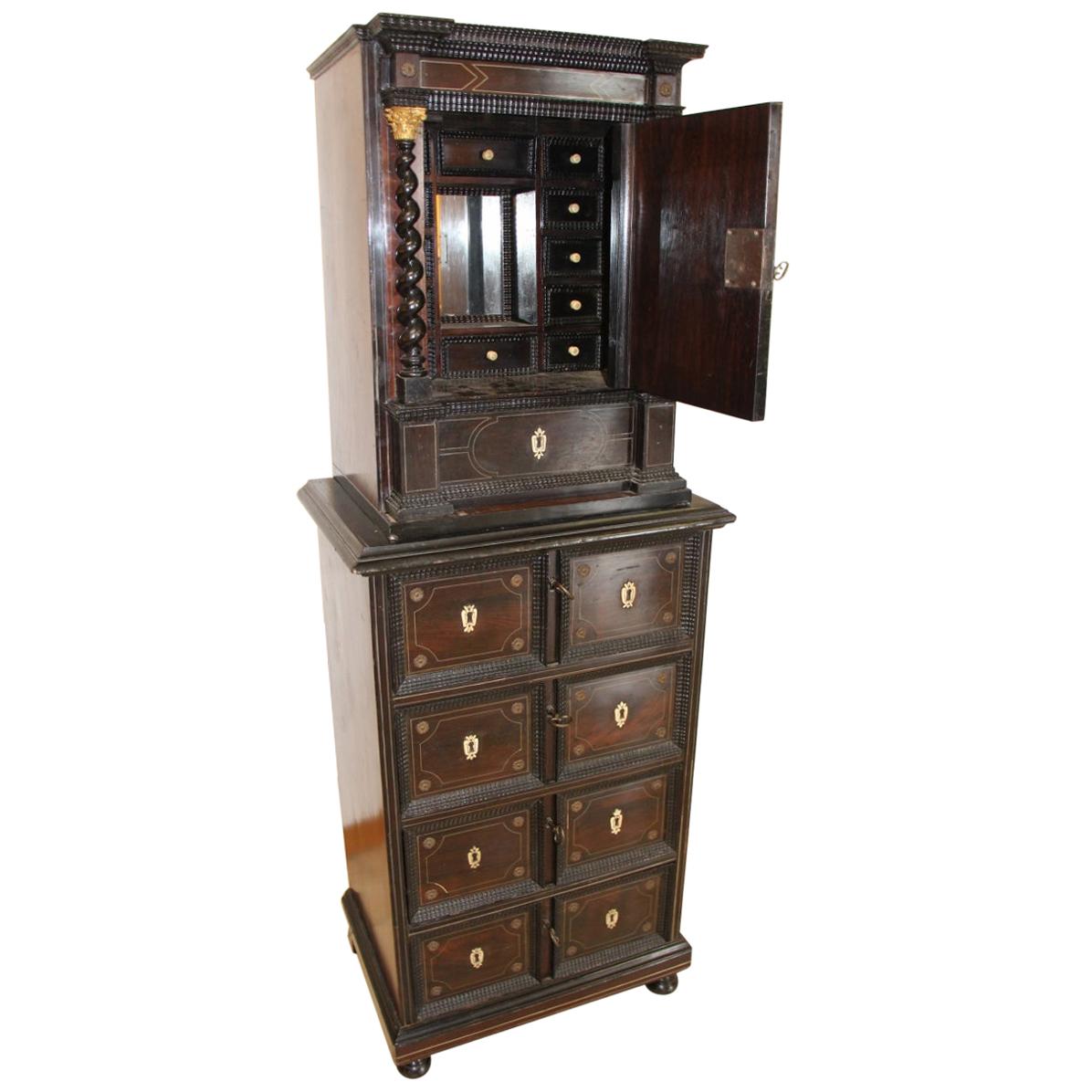 17th Century Cabinet in Rosewood and Tin Fillet For Sale